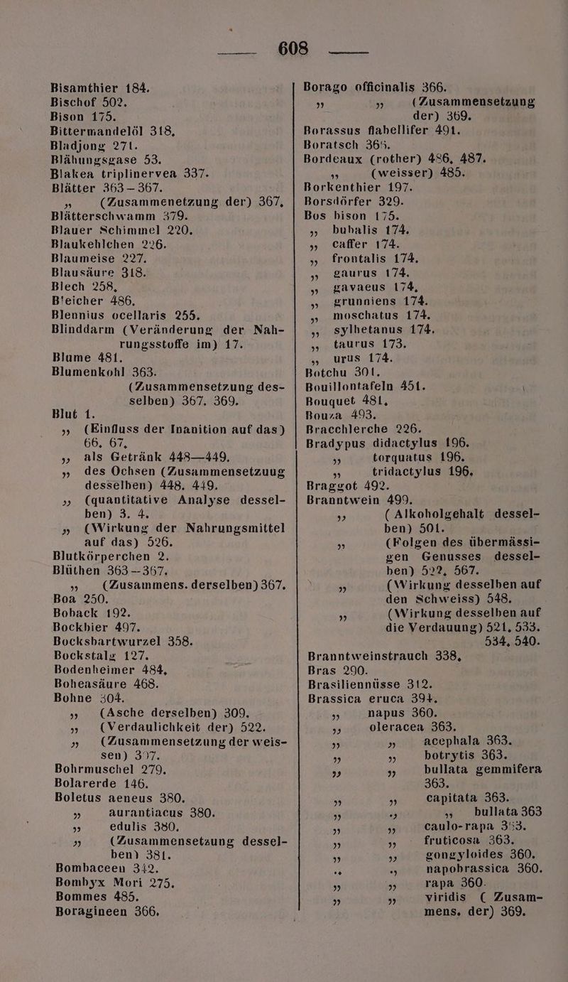 — Bisamthier 184. Bischof 502. Bison 175. Bittermandelöl 318, Bladjong 271. Blähungsgase 53. Blakea triplinervea 337. Blätter 363 — 367. 5 (Zusammenetzung der) 367, Blätterschwamm 379. Blauer Schimmel 2720. Blaukehlchen 226. Blaumeise 227. Blausäure 318. Blech 258, B'eicher 486. Blennius ocellaris 255. Blinddarm (Veränderung der Nah- rungsstoffe im) 17. Blume 481. Blumenkohl 363. (Zusammensetzung des- selben) 367. 369. Blut 1. » (Einfluss der Inanition auf das) 66. 67, „» als Getränk 443—449. „ des Ochsen (Zusammensetzuug desselben) 448. 449. „» (quantitative Analyse dessel- ben) 3. 4. » (Wirkung der Nahrungsmittel auf das) 526. Blutkörperchen 2. Blüthen 363 --367. » (Zusammens. derselben) 367. Boa 250. Boback 192. Bockbier 497. Bocksbartwurzel 358. Bockstalg 177. Bodenheimer 484, Boheasäure 468. Bohne 304. » (Asche derselben) 309. „» (Verdaulichkeit der) 522. » (Zusammensetzung der weis- sen) 397. Bohrmuschel 279. Bolarerde 146. Boletus aeneus 380. „ aurantiacus 380. edulis 380. „ (Zusammensetzung dessel- ben) 381. Bombaceen 342. Bombyx Mori 275. Bommes 455. Boragineen 366. Borago officinalis 366. (Zusammensetzung der) 369. Rorassus flahellifer 491. Boratsch 365. Bordeaux (rother) 486, 487. > (weisser) 485. Borkenthier 197. Borsdörfer 329. Bus bison 175. „»„ $buhalis 174. „ ecafler 174. „» frontalis 174. „ gaurus 174. gavaeus 174, „» grunniens 174. moschatus 174. sylhetanus 174. „ taurus 173. „ urus 174. Botchu 301. Bouillontafeln 451. Bouquet 481, Boura 493. Bracchlerche 226. Bradypus didactylus 196. en torquatus 196. 3 tridactylus 196. Braggot 492. Branntwein 499. ” ” 9 ( Alkoholgehalt dessel- ben) 501. „ (Folgen des übermässi- gen Genusses dessel- ben) 522, 567. a5 (Wirkung desselben auf den Schweiss) 548. „ (Wirkung desselben auf die Verdauung) 521. 533. 534, 540. Branntweinstrauch 338, Bras 290. Brasiliennüsse 312. Brassica eruca 39%. 4 napus 360. 7 oleracen 363. acephala 363. botrytis 363. bullata gemmifera 363. capitata 363. ” Rn » bullata 363 caulo-rapa 353. = „» . fruticosa 363. gongyloides 360. napobrassica 360. rapa 360. viridis ( Zusam- mens. der) 369.