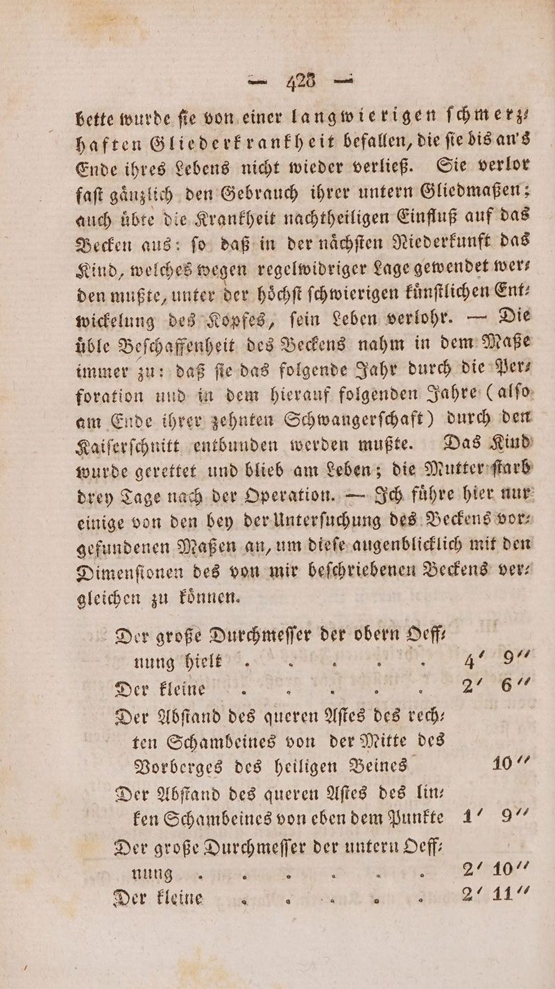 — 423 — bette wurde fie von einer langwierigen ſchmerz— haften Gliederkrankheit befallen, die ſie bis an's Ende ihres Lebens nicht wieder verließ. Sie verlor faſt ganzlich den Gebrauch ihrer untern Gliedmaßen; auch übte die Krankheit nachtheiligen Einfluß auf das Becken aus: fo daß in der naͤchſten Niederkunft das Kind, welches wegen regelwidriger Lage gewendet wer— den mußte, unter der hoͤchſt ſchwierigen kuͤnſtlichen Ent— wickelung des Kopfes, ſein Leben verlohr. — Die uͤble Beſchaffenheit des Beckens nahm in dem Maße immer zu: daß ſie das folgende Jahr durch die Per⸗ foration und in dem hierauf folgenden Jahre (alſo am Ende ihrer zehnten Schwangerſchaft) durch den Kaiſerſchnitt entbunden werden mußte. Das Kind wurde gerettet und blieb am Leben; die Mutter ſtarb drey Tage nach der Operation. — Ich fuͤhre hier nur einige von den bey der Unterſuchung des Beckens vor— gefundenen Maßen an, um dieſe augenblicklich mit den Dimenfionen des von mir beſchriebenen Beckens ver: gleichen zu koͤnnen. Der große Durchmeſſer der obern Sur nung iel, TOR Der kleine 1 | 28 Der Abſtand des queren Aſtes des 37 ten Schambeines von der Mitte des Vorberges des heiligen Beines 10“ Der Abſtand des queren Aſtes des lin— ken Schambeines von eben dem Punkte 17 9 Der große Durchmeſſer der untern Oeff— nung 4 . 5 2110
