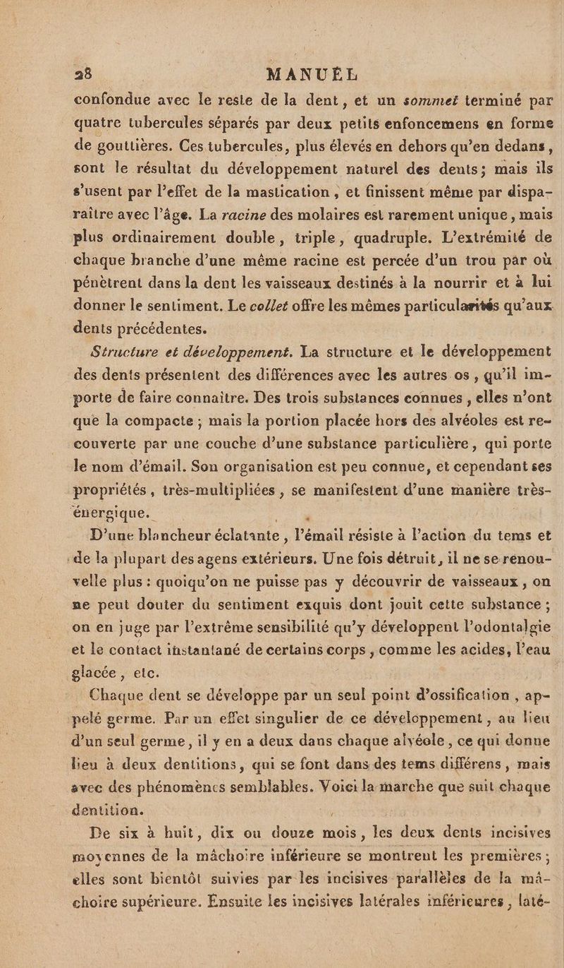 confondue avec le resie de la dent, et un sommet terminé par quatre tubercules séparés par deux petits enfoncemens en forme de gouttières. Ces tubercules, plus élevés en dehors qu’en dedans, sont le résultat du développement naturel des dents; mais ils s’usent par l’effet de la mastication , et finissent même par dispa- raître avec l’âge. La racine des molaires esi rarement unique, mais plus ordinairement double, triple, quadruple. L’extrémité de Chaque branche d’une même racine est percée d’un trou par où pénètrent dans la dent les vaisseaux destinés à la nourrir et à lui donner le sentiment. Le co//et offre les mêmes particularités qu'aux dents précédentes. Structure et développement. La structure et le développement des dents présentent des différences avec les autres os , qu’il im- porte de faire connaitre. Des trois substances connues , elles n’ont que la compacte ; mais la portion placée hors des alvéoles est re- couverte par une couche d’une substance particulière, qui porte le nom d’émail. Son organisation est peu connue, et cependant ses propriétés, très-multipliées , se manifestent d’une manière très- ‘énergique. Fo à | D'une blancheur éclatante , l'émail résiste à l’action du tems et de la plupart des agens extérieurs, Une fois détruit, il ne se renou- velle plus : quoiqu’on ne puisse pas y découvrir de vaisseaux , on ne peut douter du sentiment exquis dont jouit cette substance ; on en juge par l’extrême sensibilité qu'y développent l’odontalgie et le contact instantané de certains corps , comme les acides, l’eau glacée , etc. Chaque dent se développe par un seul point d’ossification , ap- pelé germe. Par un effet singulier de ce développement , au lieu d’un seul germe, il y en a deux dans chaque aivéole , ce qui donne lieu à deux dentitions, qui se font dans des tems différens , mais avec des phénomèncs semblables. Voici la marche que suit chaque dentition. De six à huit, dix ou douze mois, les deux dents incisives moyennes de la mâchoire inférieure se montrent les premières : elles sont bientôt suivies par les incisives parallèles de la mä- choire supérieure. Ensuite les incisives latérales mférieures , laté-