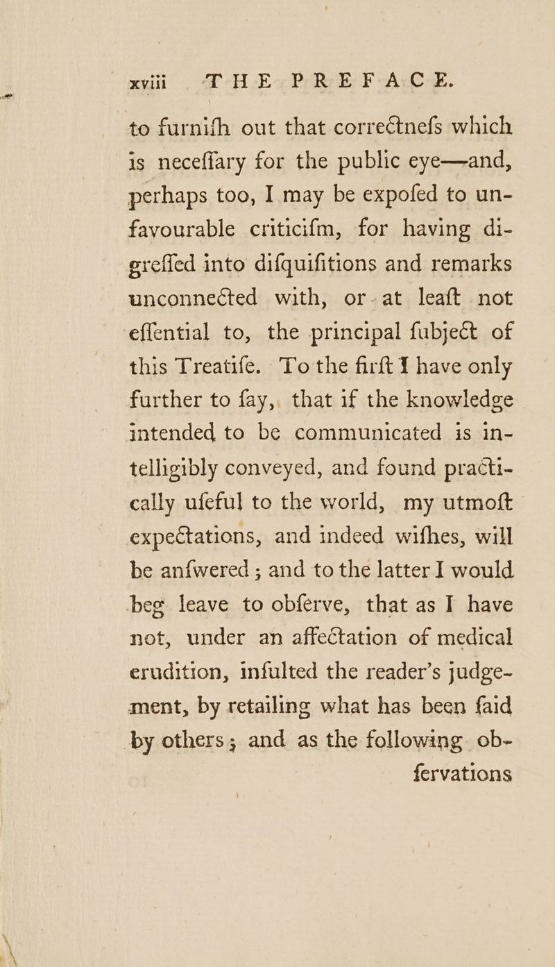 to furnifh out that correctnefs which is neceffary for the public eye—and, perhaps too, I may be expofed to un- favourable criticifm, for having di- ereffed into difquifitions and remarks unconnected with, or-at leaft not effential to, the principal fubject of this Treatife. To the firft I have only further to fay, that if the knowledge intended to be communicated is in- telligibly conveyed, and found practi- cally ufeful to the world, my utmoft expectations, and indeed wifhes, will be anfwered ; and to the latter I would beg leave to obferve, that as I have not, under an affectation of medical erudition, infulted the reader’s judge- ment, by retailing what has been faid by others; and as the following. ob- fervations