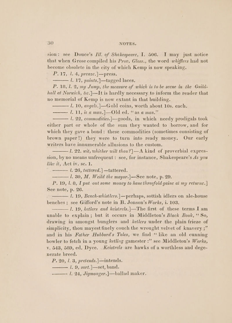 sion: see Douce’s Ill. of Shakespeare, I. 506. I may just notice that when Grose compiled his Prov. Gloss., the word whifflers had not become obsolete in the city of which Kemp is now speaking. P.17, 1. 4, preaze.|—press. l. 17, points.]—tagged laces. P. 18, 1. 2, my Jump, the measure of which is to be seene in the Guild- hall at Norwich, &amp;c.|—It is hardly necessary to inform the reader that no memorial of Kemp is now extant in that building. 1, 10, angels.|—Gold coins, worth about 10s. each. Z. 11, 7s a man,|—Old ed. ‘as a man.” l, 22, commodities.|—goods, in which needy prodigals took either part or whole of the sum they wanted to borrow, and for which they gave a bond: these commodities (sometimes consisting of brown paper!) they were to turn into ready money. Our early writers have innumerable allusions to the custom. J. 22. wit, whither wilt thou?}—A kind of proverbial expres- sion, by no means unfrequent: see, for instance, Shakespeare’s As you like it, Act iv. sc. 1. 1, 26, tottered. | —tattered. —_—— 1, 30, M. Weild the mayor.|—See note, p. 29. P.19, 1.8, I put owt some money to haue threefold gaine at my returne. | See note, p. 26. — 1.19, Bench-whistlers.|—perhaps, sottish idlers on ale-house benches ; see Gifford’s note in B. Jonson’s Works, i. 103. 1.19, ketlers and keistrels.|—The first of these terms I am unable to explain; but it occurs in Middleton’s Black Book, ‘So, drawing in amongst bunglers and ketlers under the plain frieze of simplicity, thou mayest finely couch the wrought velvet of knavery ;” and in his Father Hubburd’s Tales, we find “ like an old cunning bowler to fetch in a young ketling gamester :”’ see Middleton’s Works, v. 543, 589, ed. Dyce. Keistrels are hawks of a worthless and dege- nerate breed. P. 20, 1. 3, pretends.|—intends. lL. 9, sort. |—set, band. -——-~ 1, 24, Jigmonger.]—ballad maker.