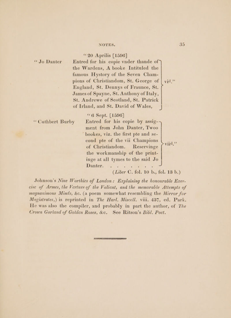 “20 Aprilis [1596] “ Jo Danter Entred for his copie vnder thande of) the Wardens, A booke Intituled the famous Hystory of the Seven Cham- pions of Christiandom, St. George of | yid.” England, St. Dennys of Fraunce, St. James of Spayne, St. Anthony of Italy, St. Andrewe of Scotland, St. Patrick of Irland, and St. David of Wales,  “6 Sept. [1596] “Cuthbert Burby Entred for his copie by ae ment from John Danter, Twoo bookes, viz. the first pte and se- cond pte of the vii Champions of Christiandom. Reservinge the workmanship of the print- inge at all tymes to the said Jo eri eC ee Johnson's Nine Worthies of London: Explaining the honourable Exer- cise of Armes, the Vertues of the Valiant, and the memorable Attempts of magnanimous Minds, &amp;c. (a poem somewhat resembling the Mirror for Magistrates,) is reprinted in The Harl. Miscell. viii. 437, ed. Park. Hie was also the compiler, and probably in part the author, of The Crown Garland of Golden Roses, &amp;c. See Ritson’s Bibl. Peet. viid,”’