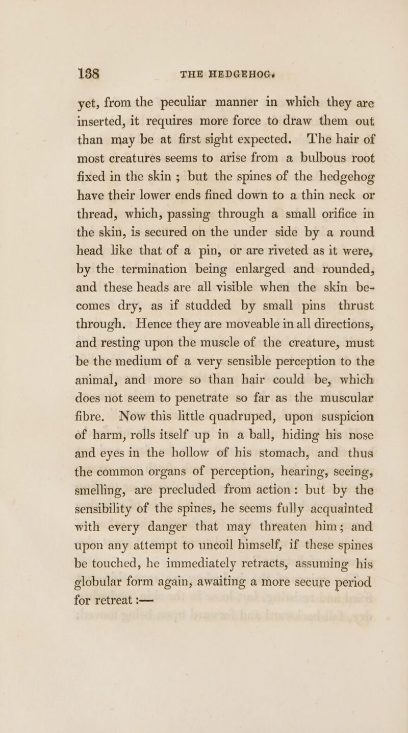 yet, from the peculiar manner in which they are inserted, it requires more force to draw them out than may be at first sight expected. The hair of most creatures seems to arise from a bulbous root fixed in the skin ; but the spines of the hedgehog have their lower ends fined down to a thin neck or thread, which, passing through a small orifice in the skin, is secured on the under side by a round head like that of a pin, or are riveted as it were, by the termination being enlarged and rounded, and these heads are all visible when the skin be- comes dry, as if studded by small pins _ thrust through. Hence they are moveable in all directions, and resting upon the muscle of the creature, must be the medium of a very sensible perception to the animal, and more so than hair could be, which does not seem to penetrate so far as the muscular fibre. Now this little quadruped, upon suspicion of harm, rolls itself up in a ball, hiding his nose and eyes in the hollow of his stomach, and thus the common organs of perception, hearing, seeing, smelling, are precluded from action: but by the sensibility of the spines, he seems fully acquainted with every danger that may threaten him; and upon any attempt to uncoil himself, if these spines be touched, he immediately retracts, assuming his globular form again, awaiting a more secure period for retreat :—