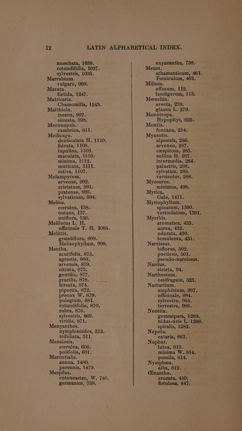 rotundifolia, 1037. sylvestris, 1036. Marrubium. vulgare, 900. Maruta, foetida, 1247. Matricaria. Chamomilla, 1243. Matthiola. ineana, 997. sinuata, 998. Meconopsis. cambrica, 81T. Medicago. denticulata H. 1110. faleata, 1108. lupulina, 1109. maculata, 1110. minima, 1112. muricata, 1111. sativa, 1107. Melampyrum. arvense, 992. eristatum, 991, pratense, 993. sylvaticum, 994. Meliea, ecerulea, 138. nutans, 137. uniflora, 136. Melilotus L. H. Melittis. grandiflora, 909. Melisophyllum, 908. Mentha. acutifolia, 875. agrestis, 880.. arvensis, 879. citrata, 873. gentilis, 877. gracilis, 878. hirsuta, 874. piperita, 872. precox W. 879. pulegium, 881. rotundifolia, 870. rubra, 876. sylvestris, 869. viridis, 871. Menyanthes. nympheeoides, 312. trifoliata, 311, Menziesia. coerulea, 600. polifolia, 601. Mercurialis. annua, 1480. perennis, 1479. Mespilus. cotoneaster, W. 740. germanica, 739. Meum. athamanticum, 461. Foniculum, 462. Milium. effusum, 112. lendigerum, 113. Meenchia. erecta, 279. glauca L. 279. Monotropa. Hypopitys, 625. Montia. fontana, 214. Myosotis. alpestris, 286. arvensis, 287. cespitosa, 283. eollina H. 287. intermedia, 284. palustris, 288. sylvatica, 285. versicolor, 288. Myosurus. minimus, 498. Myrica. Gale, 1471. Myriophyllum. spicatum, 1390, verticilatum, 1391. Myrrhis. aromatica, 433. aurea, 432. odorata, 430. temulenta, 431. Narcissus. biflorus, 502. poeticus, 501. pseudo-narcissus. Nardus. stricta, 94. Narthecium. ossifragum, 523. Nasturtium. amphibium, 987. officinale, 984. sylvestre, 985. _ terrestre, 986. Neottia. gemmipara, 1283. nidus-avis L. 1286. spiralis, 1282. Nepeta. cataria, 867. Nuphar. lutea, 813. minima W. 814. pumila, 814. Nymphea. alba, 812. (Enanthe. crocata, 450. fistulosa, 447.
