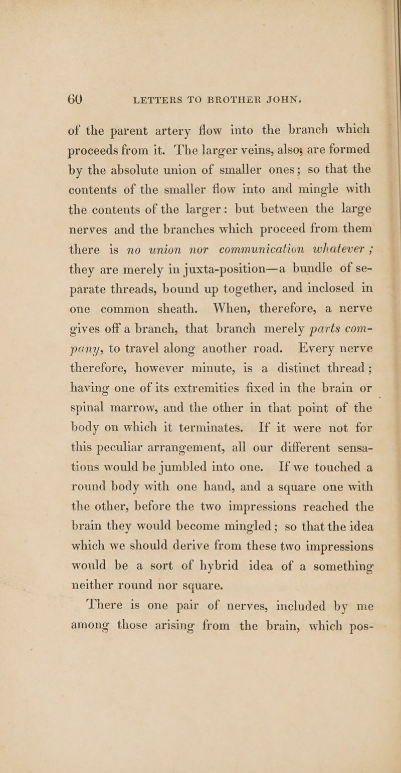 of the parent artery flow into the branch which proceeds from it. The larger veins, alsoy are formed by the absolute union of smaller ones; so that the contents of the smaller flow into and mingle with the contents of the larger: but between the large nerves and the branches which proceed from them there is no union nor communication whatever ; they are merely in juxta-position—a bundle of se- parate threads, bound up together, and inclosed in one common sheath. When, therefore, a nerve gives off a branch, that branch merely parts com- pany, to travel along another road. Every nerve therefore, however minute, is a distinct thread ; having one of its extremities fixed in the brain or spinal marrow, and the other in that point of the | body on which it terminates. If it were not for this peculiar arrangement, all our different sensa- tions would be jumbled into one. If we touched a round body with one hand, and a square one with the other, before the two impressions reached the brain they would become mingled; so that the idea which we should derive from these two impressions would be a sort of hybrid idea of a something neither round nor square. There is one pair of nerves, included by me among those arising from the brain, which pos-