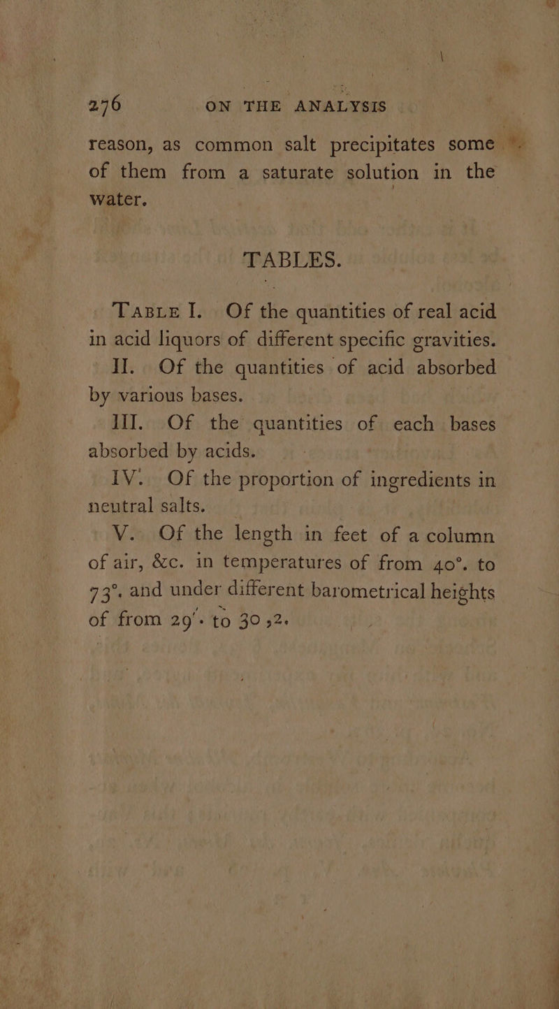 water. TABLES. Tasre I. Of the quantities of real acid in acid liquors of different specific gravities. II. Of the quantities of acid absorbed by various bases. III]. Of the quantities of each bases absorbed by acids. IV. Of the proportion of ingredients in neutral salts. | V. Of the length in feet of a column of air, &amp;c. in temperatures of from 40°’. t 73°, and under different barometrical heights of from 29+ FG BO gp