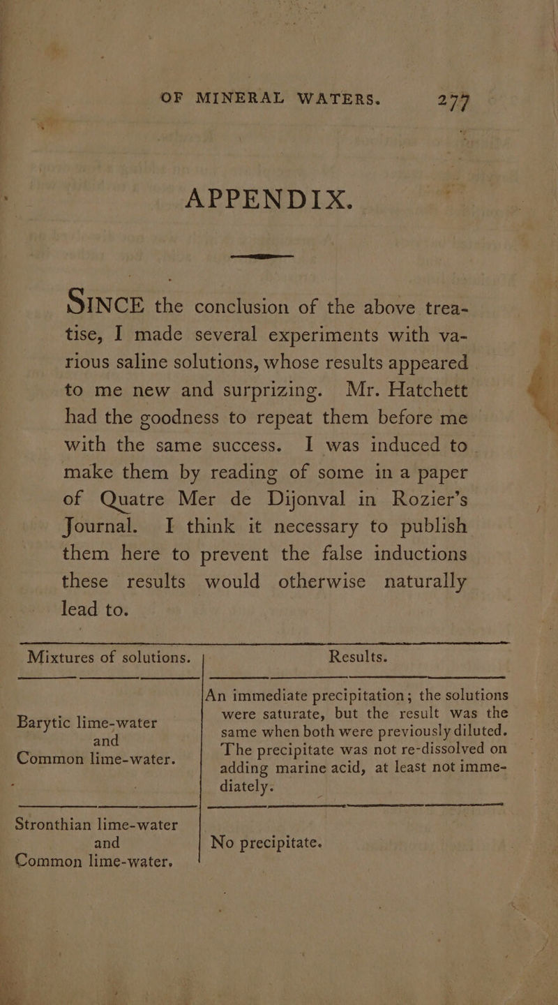 APPENDIX. e eS SINCE the conclusion of the above trea- tise, I made several experiments with va- rious saline solutions, whose results appeared to me new and surprizing. Mr. Hatchett had the goodness to repeat them before me with the same success. I was induced to. make them by reading of some in a paper of Quatre Mer de Dijonval in Rozier’s Journal. I think it necessary to publish them here to prevent the false inductions these results would otherwise naturally lead to. Mixtures of solutions. Results. An immediate precipitation; the solutions Rarsiie Hinecwater were saturate, but the result was the y q same when both were previously diluted. est ah ring rs 2 The precipitate was not re-dissolved on . : adding marine acid, at least not imme- diately. Stronthian lime-water and No precipitate. Common lime-water.