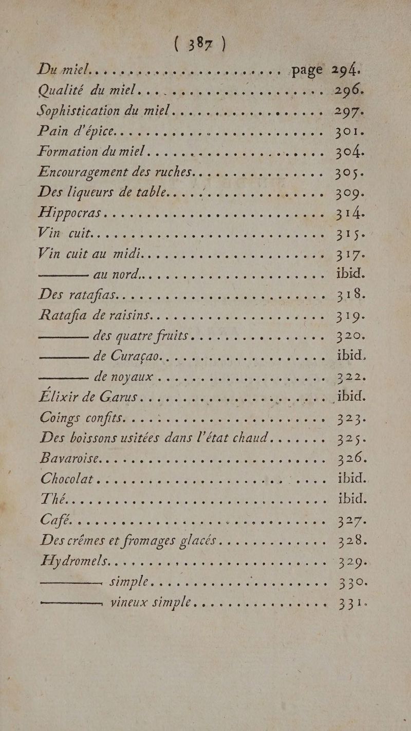 Dusmiel,. RS A), ART 4 vs PAR AO. Qualité dinrel a Une ANR LS 296. SODRISTICATION CUITE Je, dieser eutl » os 297. RE ÉPICES MON EE M ME CAO Ne 301 FOMBATION AMIE Se ea D ea ne 304. Æncouragement destuches. 4. -s#. ie 305$. Des liqueurs de table... ... CH nt ei t NN Re à à 309. AID PO IT AS STE foie DIE ste le total sd > 314. A OUR PR A TEE SE LU ARE EE Se RPC Ian EI E ACER NE TER PES 317. FLICS EUR A, VAT AN IAN SAIT NE, ibid. PRE Gent) Ce LAMT es IP ES RE UE MT FU 319. OR TA ANS TN RS URI NAT S'AURATE 210. AÉRARDALTE ITR Reine dois dde 52a A CHEA CAO NT ut AR Ms 2 NS de ibid DÉTOUR SRE AN re UE 222 Élixir de Garus........ RDA E are. RE FRTAIC: US OR PU NN EC RE Des boissons usitées dans l’état chaud. ...... 22. PR a EN EE de CROP PIOLREE PTRRTL ER RE ES 3 20: ChoGOIA D NS RS a AS LA Pr RICE PS C0 RDS TENDANT BR EE A ibid CAC PRIT RS ANRT RE EUR, 42 Des crémeset fromages plates ARS Rer, 328. PAG AR PACE SEPT AE TA IE Es 132.0: SIROLE UE RE DEA LA tee 330 AC SIMPLE Ace NES ARE 231.