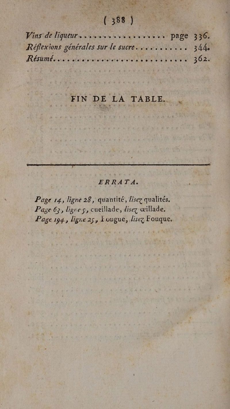 +. : # (388) Wins-de liqueur. ns svuveseres page 336 Réflexions générales sur le sucre... 344 Rébméis ananas TENUE kg. FIN DE LA TABLE. PRISE SERRE ES AE PSE ER QUE SO EE SUR ERRATA. Page 14, ligne 28, quantité, lisez qualités. Page 6}, lignes, cueillade, lisez œillade, Page 194, ligue 25, Eougue, lisez Fouque,