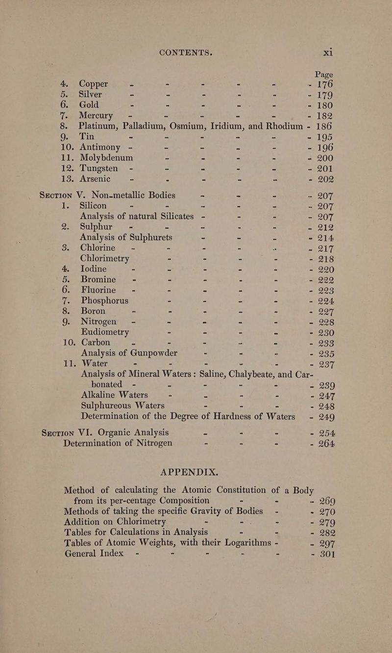4. Copper r - 5 5. Silver - - - 6. Gold - - - 7. Mercury” - - - 8. Platinum, Palladium, Osmium, OF Tin ~ - - 10. Antimony - - ~ 11. Molybdenum ~ - 12. Tungsten - - = 13. Arsenic - : ue Section V. Non-metallic Bodies - 1. Silicon - - ~ Analysis of natural Silicates - 2. Sulphur - ~ Analysis of Saiiinese - 3. Chlorine - - - Chlorimetry - - 4, Todine - - - 5. Bromine - - - 6. Fluorine - - - 7. Phosphorus ~ - 8. Boron ~ - - 9. Nitrogen - - - Eudiometry - - 10. Carbon - 2 Analysis of Gunpowder - 11. Water - bonated - Alkaline Waters - 3 Sulphureous Waters - 218 220 222 237 239 254 264 269 270 279 282 297 301
