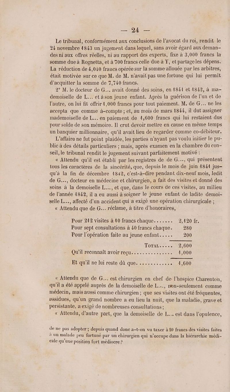0) RCE Le tribunal, conformément aux conclusions de l’avocat du roi, rendit le 24 novembre 4843 un jugement dans lequel, sans avoir égard aux deman- des ni aux offres réelles, ni au rapport des experts, fixe à 3,000 francs la somme due à Rognetta, et à 700 francs celle due à Y, et partageles dépens. La réduction de 4,040 francs opérée sur la somme-allouée par les arbitres, était motivée sur ce que M. de M. n'avait pas une fortune qui lui permit d’acquitter la somme de 7,740 francs. 2° M. le docteur de G... avait donné des soins, en 1841 et 1842, à ma- demoiselle de L... et à son jeune enfant. Après la guérison de l’un et de l’autre, on lui fit offrir 4,000 francs pour tout paiement. M. de G... ne les accepta que comme à-compte ; et, au mois de mars 1844, il dut assigner mademoiselle de L... en paiement de 4,600 francs qui lui restaient dus pour solde de son mémoire. Il crut devoir mettre en cause en même temps un banquier millionnaire, qu’il avait lieu de regarder comme co-débiteur. L'affaire ne fut point plaidée, les parties n'ayant pas voulu initier le pu- blic à des détails particuliers ; mais, après examen en la chambre du con- seil, le tribunal rendit le jugement suivant parfaitement motivé : « Attendu qu’il est établi par les registres de de G..., qui présentent tous les caractères de la sincérité, que, depuis le mois de juin 48441 jus- qu’à la fin de décembre 1842, c'est-à-dire pendant dix-neuf mois, ledit de G..., docteur en médecine et chirurgien, a fait des visites et donné des soins à la demoiselle L..., et que, dans le cours de ces visites, au milieu de l’année 418492, il a eu aussi à soigner le jeune enfant de ladite demoi- selle L..., affecté d’un accident qui a exigé une opération chirurgicale ; « Attendu que de G... réclame, à titre d'honoraires, Pour 212 visites à 40 francs chaque....... 2,120 fr. Pour sept consultations à 40 francs chaque. 280 Pour l'opération faite au jeune enfant... 200 TOTALS.. 20892600 QHibreconnait aVOINTEOU EE NU TER TRE 1,000 Et qu'il ne lui reste dû que. ............ 4,600 «Attendu que de G... est chirurgien en chef de: l’hospice Charenton, qu'il a été appelé auprès de la demoiselle de L..., non-seulement comme médecin, mais aussi comme chirurgien ; que ses visites ont été fréquentes, assidues, qu'un grand nombre a eu lieu la nuit, que la maladie, grave et persistante, a exigé de nombreuses consultations ; « Attendu, d'autre part, que la demoiselle de L... est dans l’'opulence, de ne pas adopter ; depuis quand donc a-t-on vu taxer à 20 francs des visites faites à un malade peu fortuné par un chirurgien qui n’occupe dans la hiérarchie médi- cale qu’une position fort médiocre ; D