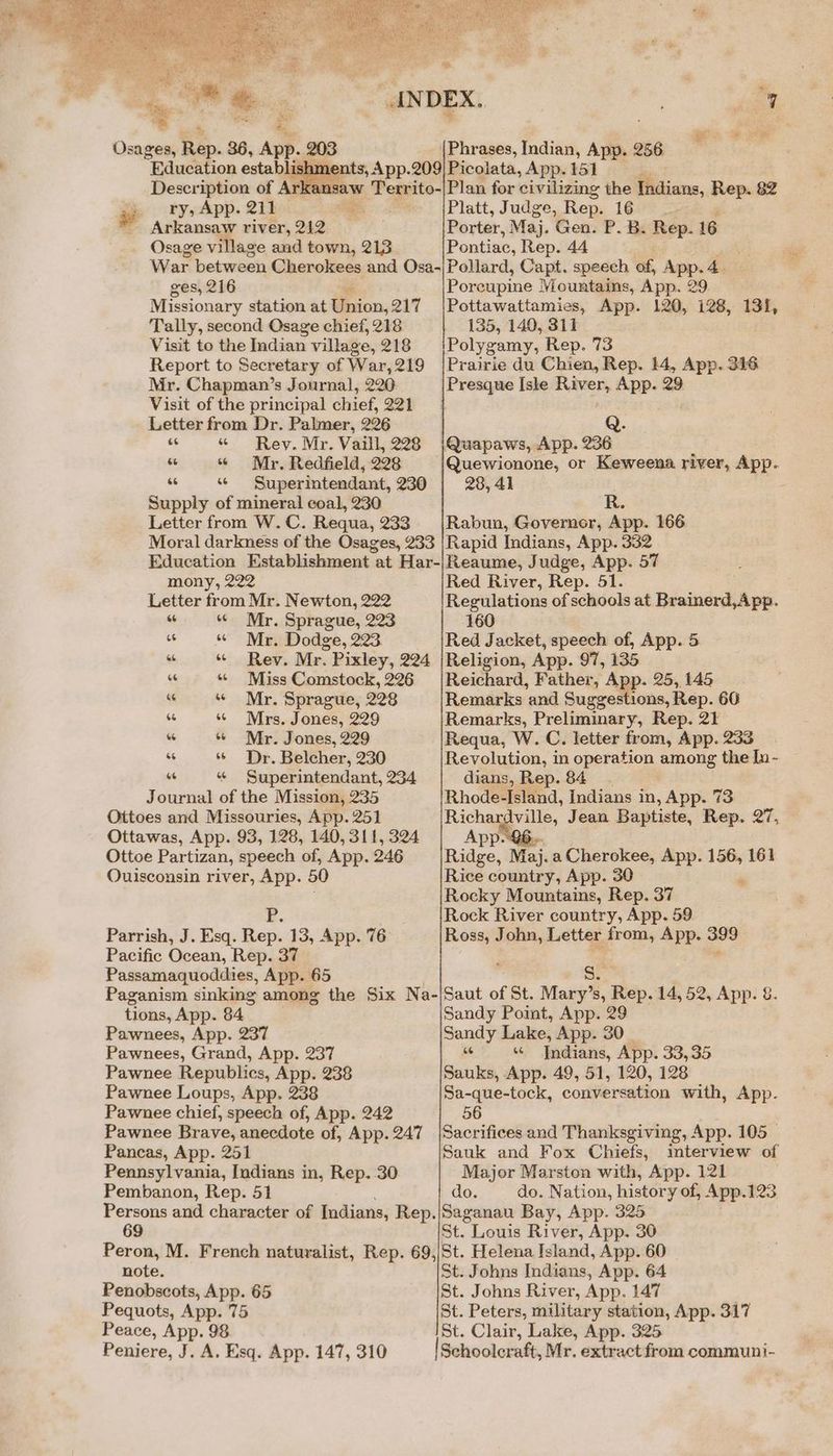 Mr. Chapman’s Journal, 220 a 66 “ Mr. Redfield, 228 «6 Superintendant, 230 “ Mr. Sprague, 223 “ Mr. Dodge, 223 |Phrases, Indian, App. 256 Platt, Judge, Rep. 16. Porter, Maj. Gen. P. B. Rep. 16 Pontiac, Rep. 44 Porcupine Mountains, App. 29 Pottawattamies, App. 120, 128, 131, 135, 140, 311 Polygamy, Rep. 73 Quewionone, or Keweena river, App. 28, 41 | R. Rabun, Governor, App. 166 Red River, Rep. 51. Regulations of schools at eee 160 Red Jacket, speech of, App. 5 “ Miss Comstock, 226 “« Mr. Sprague, 228 “« Mrs. Jones, 229 “% Mr. Jones, 229 *% Dr. Belcher, 230 “ Superintendant, 234 Parrish, rE. J. Esq. Rep. 13, App. 76 3t Pawnee Republics, App. 238 69 Reichard, Father, App. 25, 145 Remarks and Suggestions, Rep. 66 Remarks, Preliminary, Rep. 21 Requa, W. C. letter from, App. 233 Revolution, in operation among the In- dians, Rep. 84. Rhode-Island, Indians in, App. 73 Richardville, Jean Baptiste, Rep. 27, App. Ridge, Maj. a Cherokee, App. 156, 161 Rice country, App. 30 Rocky Mountains, Rep. 37 Rock River country, App. 59 Ross, John, Letter from, App. 399 Sandy Point, App. 29 Saudy Lake, App. 30 “ Indians, App. 33,35 Sanks, App. 49, 51, 120, 128 Sa-que-tock, conversation with, App. 56 Sauk and Fox Chiefs, imterview of Major Marston with, App. 121 do. do. Nation, history of, App.123 St. Louis River, App. 30 note. Pequots, App. 75 Peniere, J J. A. Esq. App. 147, 310 St. Johns Indians, App. 64 St. Johns River, App. 147 St. Peters, military station, App. 317 St. Clair, Lake, App. 325 Schoolcraft, Mr. extract from communi-