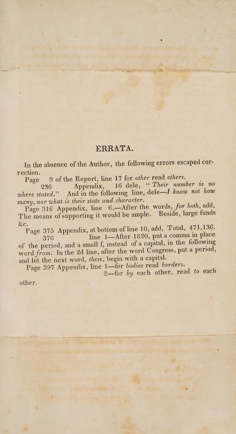 ERRATA. In the absence of the Author, the following errors escaped cor- rection. i Page 9 of the Report, line 17 for other read others. 236 Appendix, 16 dele, ‘ Their number is no where stated”? And in the following line, dele—I know not how many, nor what is their state and character. Page 316 Appendix, line 6,—After the words, for both, add, The means of supporting it would be ample. Beside, large funds &c. Page 375 Appendix, at bottom of line 10, add, Total, 471,136. 376 line 1—After 1820, put a comma in place of the period, and a small f, instead of a capital, in the following word from. In the 2d line, after the word Congress, put a period, and let the next word, these, begin with a capital. Page 397 Appendix, line 1—for bodies read borders. 9—for by each other, read to each other.