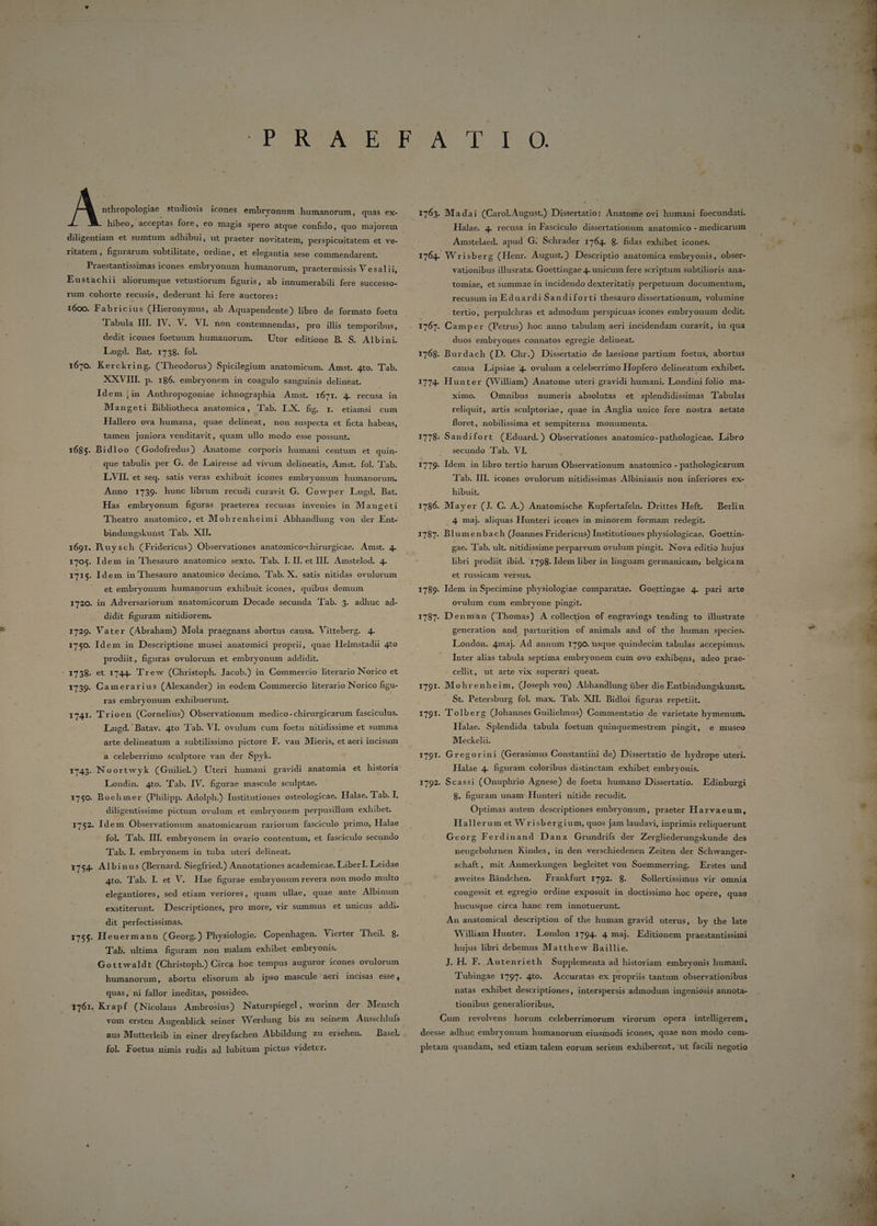 nthropologiae: studiosis icones embryonum humanorum, quas ex- hibeo, acceptas fore, eo magis spero atque confido, quo majorem ritatem , figurarum subtilitate, ordine, et elegantia sese commendarent. Praestantissimas icones embryonum humanorum, praetermissis V esalii, Eustachii aliorumque vetustiorum figuris, ab innumerabili fere successo- rum cohorte recusis, dederunt hi fere auctores: 1600. Fabricius (Hieronymus, ab Aquapendente) libro de formato foetu Tabula III. IV. V. VI. non contemnendas, pro illis temporibus, dedit icones foetuum humanorum. ^ Utor editione B. S. Albini. Lugd. Bat. 1738. fol. 1670. Kerckring. (Theodorus) Spicilegium anatomicum. Amst. 4to. Tab. XXVIII. p. 186. embryonem in coagulo sanguinis delineat. Idem.jin Anthropogoniae ichnographia Amst. 167r. 4. recusa in Mangeti Bibliotheca anatomica, Tab. LX. fip. r. etiamsi cum Hallero ova humana, quae delineat, non suspecta et ficta habeas, tamen juniora venditavit, quam ullo modo esse possunt. 1685. Bidloo (Godofredus) Anatome corporis humani centum et quin: que tabulis per G. de Lairesse ad vivum delineatis, Amst. fol. Tab. LVII. et seq. satis veras exhibuit icones embryonum humanorum. Anno 1739. hunc librum recudi curavit G. Cowper Lugd. Bat. Has embryonum figuras praeterea recusas invenies in Mangeti Theatro anatomico, et Mohrenheimi Abhandlung von der Ent- bindungskunst Tab. XII. 1691. Rhuysch (Fridericus) Observationes anatomico-chirurgicae. Amst. 4. 1705. Idem in Thesauro anatomico sexto. 'l'ab. I. IT. et IIT. Amstelod. 4. 1715. Idem in Thesauro anatomico decimo. 'l'ab. X. satis nitidas ovulorum et embryonum humanorum exhibuit icones, quibus demum 1720. in Adversariorum anatomicorum Decade secunda Tab. 3. adhuc ad- didit figuram nitidiorem. 1729. Vater (Abraham) Mola praegnans abortus causa. Vitteberg. 4. 1750. Idem in Descriptione musei anatomici proprii, quae Helmstadii 4to prodiit, fguras ovulorum et embryonum addidit. : 1738. et 1744. Trew (Christoph. Jacob.) in Commercio literario Norico et 1739. Camerarius (Alexander) in eodem Commercio literario Norico figu- . ras embryonum exhibuerunt. 1741. Trioen (Cornelius) Observationum medico-chirurgicarum fasciculus. Lugd. Batav. 4to Tab. VI. ovulum cum foetu nitidissime et summa arte delineatum a subtilissimo pictore F. van Mieris, et aeri incisum a celeberrimo sculptore van der Spyk. 1743. Noortwyk (Guilid) Uteri humani gravidi anatomia et historia Londin. 4to. T'ab. IV. figurae mascule sculptae. | 1750. Boeh mer (Philipp. Adolph.) Institutiones osteologicae. Halae. Tab. I, diligentissime pictum ovulum et embryonem perpusillum exhibet. 1752. Idem Observationum anatomicarum rariorum fasciculo primo, Halae fol. Tab. III. embryonem in ovario contentum, et fasciculo secundo '[ab. I. embryonem in tuba uteri delineat. elegantiores, sed etiam veriores, quam ullae, quae ante Albinum exstiterunt. JDescriptiones, pro more, vir summus et unicus addi- dit perfectissimas. 1755. Heuermann (Georg.) Physiologie. Copenhagen. Vierter Theil 8. Tab. ultima figuram non malam exhibet embryonis. Gottwaldt (Christoph.) Circa hoc tempus auguror icones ovulorum humanorum, abortu elisorum ab ipso mascule aeri incisas esse, quas, ni fallor ineditas, possideo. 1761. Krapf (Nicolaus Ambrosius) Naturspiegel , worinn der Mensch vom ersten Augenblick seiner Werdung bis zu seinem Ausschlufs fol Foetus nimis rudis ad lubitum pictus videtur. Halae. 4. recusa in Fasciculo dissertationum anatomico - medicarum Amstelaed. apud G. Schrader 1764. 8. fidas exhibet icones. 1764. Wrisberg (Henr. August.) Descriptio anatomica embryonis, obser- vationibus illusrata. Goettingae 4. unicum fere scriptum subtilioris ana- tomiae, et summae in incidendo dexteritatis perpetuum documentum, recusum in Eduardi Sandiforti thesauro dissertationum, volumine tertio, perpulchras et admodum perspicuas icones embryonum dedit. 1767. Camper (Petrus) hoc anno tabulam aeri incidendam curavit, in qua duos embryones conmatos egregie delineat. 1768. Burdach (D. Chr.) Dissertatio de laesione partium foetus, abortus causa Lipsiae 4. ovulum a celeberrimo Hopfero delineatum exhibet. 1774. Hunter (William) Anatome uteri gravidi humani. Londini folio ma-  ximo. Omnibus numeris absolutas et splendidissimas T'abulas reliquit, artis sculptoriae, quae in Anglia unice fere nostra aetate floret, nobilissima et sempiterna monumenta. 1778: Sandifort (Eduard.) Observationes anatomico-pathologicae. Libro secundo Tab. VI. 1779. Idem in libro tertio harum Observationum anatomico - pathologicarum Tab. III. icones ovulorum nitidissimas Albinianis non inferiores ex- hibuit. 1786. Mayer (J. C. A.) Anatomische Kupfertafeln. Drittes Heft. — Berlin 4 maj. aliquas Hunteri icones in minorem formam redegit. 1787. Blumenbach (Joannes Fridericus) Institutiones physiologicae. Goettin- gae. Tab. ult. nitidissime perparvum ovulum pingit. Nova editio hujus libri prodiit ibid. 1798. Idem liber in linguam germanicam, belgicam et russicam versus. | 1789. Idem in Specimine physiologiae comparatae. Goettingae 4. pari arte ovulum cum embryone pingit. 1787. Denman (Thomas) A collection of engravings tending to illustrate generation and parturition of animals and of the human species. Inter alias tabula septima embryonem cum ovo exhibens, adeo prae- cellit, ut arte vix superari queat. 1791. Mohrenheim, (Joseph von) Abhandlung über die ExkbiituoPsd St. Petersburg fol. max. Tab. XIT. Bidloi figuras repetiit. 1791. Tolberg (Johannes Guilielmus) Commentatio de varietate hymenum. Halae. Splendida tabula foetum quinquemestrem pingit, Meckelii. 1791. Gregorini (Gerasimus Constantini de) Dissertatio de hydrope uteri. e museo Halae 4. figuram coloribus distinctam exhibet embryonis. 1792. Scassi (Onuphrio Agnese) de foetu humano Dissertatio. . Edinburgi 8. figaram unam Hunteri nitide recudit. Optimas autem descriptiones embryonum, praeter Harvaeum, Hallerum et Wrisbergium, quos jam laudavi, inprimis reliquerunt Georg Ferdinand Danz Grundrifs der Zergliederungskunde des neugebohrnen Kindes, in den verschiedenen Zeiten der Schwanger- schaft, mit Anmerkungen begleitet von Soemmerring. Erstes und Frankfurt 1792. 8. zweites. Báàndchen. Sollertissimus vir omnia congessit et egregio ordine exposuit in doctissimo hoc opere, quas hucusque circa hanc rem innotuerunt. An anatomical description of the human gravid uterus, by the late William Hunter. London 1794. 4 maj. Editionem praestantissimi hujus libri debemus Matthew Baillie. J. H. F. Autenrieth Supplementa ad historiam embryonis humani. Tubingae 1797. 4to. Áccuratas ex propriis tantum observationibus natas exhibet descriptiones, interspersis admodum ingeniosis annota- tionibus generalioribus. Cum. revolvens horum celeberrimorum virorum opera intelligerem, deesse adhuc embryonum humanorum eiusmodi icones, quae non modo com- pletam quandam, sed etiam talem eorum seriem exhiberent, ut facili negotio E. Fu y p T