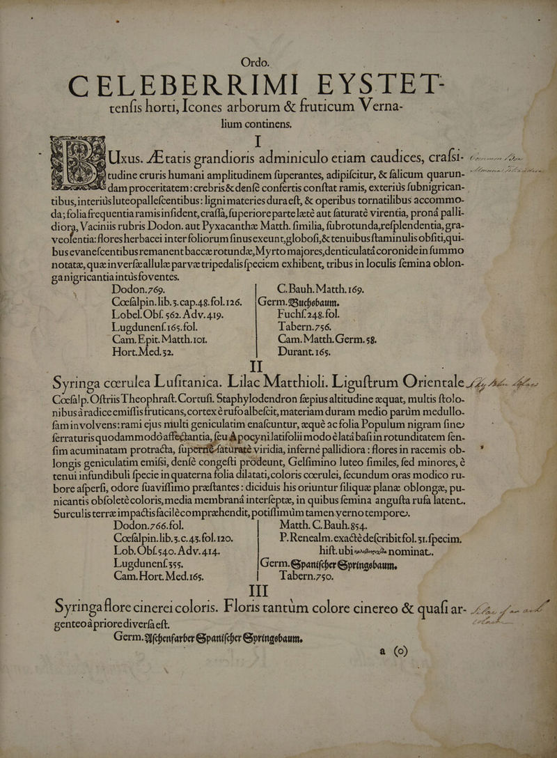 | | Ordo. CELEBERRIMI EYSTET: cenfis horti, Icones arborum &amp; fruticum Verna- lium continens. Je) tudine cruris humani amplitudinem füperantes, adipifcitur, &amp; falicum quarun- tibus, interiüsluteopallefcentibus: ligni materies duraeft, &amp; operibus tornatilibus accommo- da;folia frequentia ramisinfident, craffa, fuperiore parte laté aut faturaté virentia, prond palli- diora, Vaciniis rubris Dodon. aut Pyxacantha Matth. fimilia, fübrotunda,refplendenta, gra- Snoliads floresherbacei interfoliorum finusexeuntglobofi,&amp; tenuibus ftaminulis obfitiqui- busevanefcentibusremanentbacce rotundae, Myrto majores denticulatá coronidein fummo notata, quz inverfiallule parva tripedalisfpeciem exhibent, tribus in loculis femina oblon- ganigricantiaintüsfoventcs. : Dodon.769. | C. Bauh. Matth. 169. | Cocfálpin.lib.s.cap.48.fol.126. — | Germ.93ucfebatm. Lobel. Obf. 562. Adv. 419. | Fuchf248.fol. Lugdunenf.165.fol. labern.756. Cam. Epit. Matth.1or. | Cam. Matth. Germ.58. Hort. Med.s2. Durant. 165. | : 95 e T PM A wA pa Cocfalp. Oftriis Theophraft. Cortufi. Staphylodendron fzpius altitudine quat, multis ftolo- nibusáradiceemiflisfruticans, cortex érufoalbefcit, materiam duram medio parüm medullo- faminvolvens:rami ejus niulti geniculatim enafcuntur, aqué acfolia Populum nigram fine ferraturisquodammodoaffeciantia, fcu A pocynilatifolii modo élatá bafiin rotunditatem fen. fim acuminatam protracta, fuperrie/aturaté viridia, inferne pallidiora : flores in racemis ob- longis geniculatim emifsi, denfé congefti prodeunt, Gelfimino luteo fimiles, fed minores, é tenui infundibuli fpecie in quaterna folia dilatati, coloris cocrulei, fccundum oras modico ru- bore afperfi, odore fuaviffimo praftantes : diciduis his oriuntur filique planz oblonga, pu- nicantis obfoleté coloris, media membraná interfepte, in quibus femina angufta rufa latent. Surculisterrzimpactisfacilécomprahendit, potiflimüm tamen yernotempore-. Dodon.766.fol. | Matth. C. Bauh.854. Corfalpin.lib.s.c. 45.fol. 120. | P. Renealm.exacté de(cribitfol. st.fpecim. Lob.Obf.540. Adv.414. hift. ubi«e«2« nominat. Lugdunenfss. |Germ. pani(cber &amp;ypringebaum, Cam.Hort. Med.165. | Tabern;zso. III SY p - 4 EM y, NNNM A —n AT. À gentcoàpriore diverfa eft. Germ.9[fcfenfarber Gpanifcber Gyoririgebaum, | | a (o) Jm Pd n Pe oes,