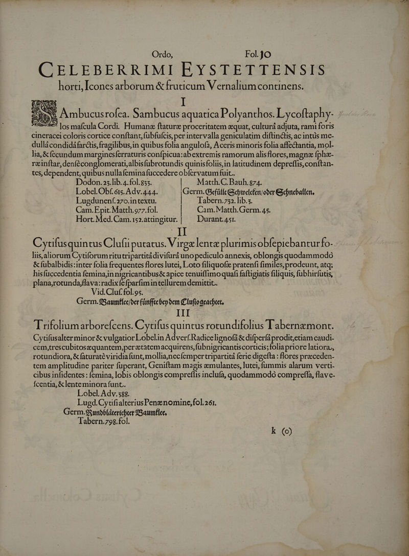 Ordo, Fol.JO CELEBERRIMI EYSTETTENSIS horti, [cones arborum &amp; fruticum V ernalium continens. o c3 fuse Jos mafcula Cordi. Humanz ftature proceritatem aequat, culturá adjuta, rami foris cineracei coloris cortice conftant, fubfuícis, per intervalla geniculatim diftinctis, ac intus me- dullácondidáfarcts,fragilibus,in quibus folia angulofa, Aceris minoris folia affectantia, mol- lia, &amp; fccundum marginesferraturis confpicua:abextremis ramorum alisflores, magne fpha- rcinftar,denféconglomerati;albisfübrotundis quinisfoliis,in latitudinem depreffis, conftan- tes, dependent, quibus nullafemina fuccedere obfervatum fuit. Dodon.25.lib. 4.fol.833. Matth.C. Bauh. 874. | Lobel.Obf. 6s. Adv.444. Germ. G3efüllc cbtvelcfer oer &amp;xcbnteballci, Lugdunenf.27o.intextu. : | Tabern.732. lib.s. Cam. Epit. Matth. 977.fol. | Cam. Matth.Germ. 45. Hort. Med. Cam.isz.atüngitur.| — Durant. 4sr. liis,aliorum Cytiforumritutripartitádivifurá uno pediculo annexis, oblongis quodammodo &amp; fübalbidis:inter folia frequentes flores lutei, Loto filiquofz pratenfi fimiles, prodeunt, atq; . hisfüccedentia feminajn nigricantibus&amp; apice tenuiffimo quafi faftigiatis filiquis, fübhirfutis, plana,rotunda;flava: radix fe fparfimintellurem demitut.. Vid.Cluffolgs. . . Germ.953aumfíce/oer fünfte ben tem Clufio aeacbtet, I rifoltumarborefcens. Cywfus quintus rotundifolius l'abernzmont. Cytifusalter minor &amp; vulgatior Lobelin Adverf.Radicelignofá &amp; difperíá prodit;etiam caudi- cem,trescubitosaequantem,peractatemacquirens, fübnigricanascorticis; folia priore latiora, rotundiora, &amp; faturaté viridia funt, mollia,nec emper tripartitá ferie digefta : flores praeceden- tem amplitudine pariter füperant, Geniftam magis aemulantes, lutei, fummis alarum verti- cibus infidentes : femina, lobis oblongis compreflis inclufaà, quodammodo comprefla, flav c- Ícentia, &amp; lenteminora funt. Lobel. Adv.388. Lugd. CytifialteriusPenznomine,fol.261. Germ.$3unbb(áterichter S3aumflee, labern.98fol — EU 79 A ida  []