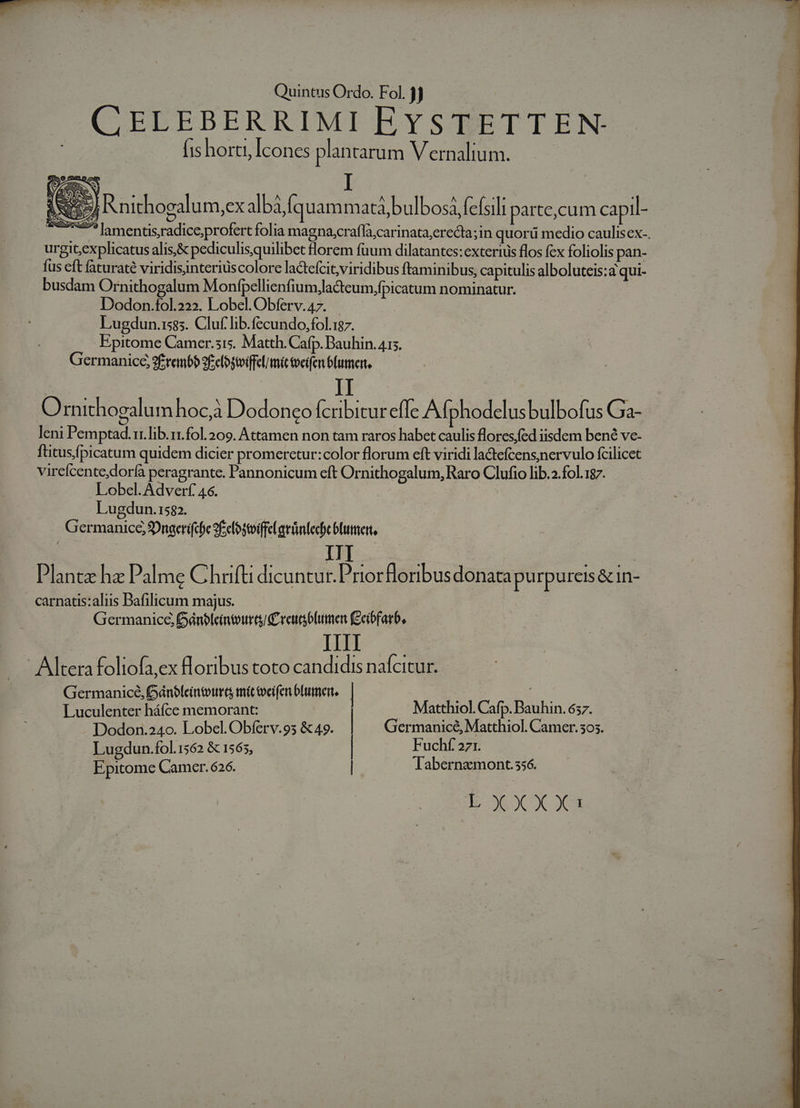 QGELEBERRIMI EYSTETTEN.- (is horti, Icones plantarum Vernalium. urgitexplicatus alis,&amp; pediculisquilibet lorem füum dilatantes: exterius flos fex foliolis pan- fus eft faturaté viridisinteriuscolore lactefcit,viridibus ftaminibus, capitulis alboluteis:a qui- busdam Ornithogalum MonfpellienfiumJlacteum;fpicatum nominatur. | Dodon.fol.222. Lobel.Obferv.47. Lugdun.isss. Cluf lib.fecundo,fol.17. Epitome Camer.sis. Matth. Cafp. Bauhin. 415. Germanice ,9£renb 2£clostoiffelmictoeifen blumert. m | II Ormithogalum hocà Dodoneo fcribitur effe Afphodelusbulbofus Ga- leni Pemptad.ri.lib.1.fol. 209. Attamen non tam raros habet caulis floresfed iisdem bené ve- ftitus,fpicatum quidem dicier promerctur:color florum eft viridi la&amp;tefcens,nervulo fcilicet virefcente,dorfà peragrante. Pannonicum eft Ornithogalum, Raro Clufio lib.2. fol.187. Lobel. Adverf 46. Lugdun.1582. | Germanice, onaerifcfe 9£efostoiffel atnteche butter, Plante hz Palme Chrifti dicuntur. Priorfloribus donatapurpureis &amp; in- carnatis:aliis Bafilicum majus. Germanice Sánbleintourc C reutsblumen (Eeibfarb, III - Altera foliofa,ex floribus toto candidis nafcitur. Germanice, Gánóleintourc mit eeifen blumert, | M oo s  atthiol. Calp. Dauhin. 637. Luculenter háfce memorant: | : | Dodon.240o. Lobel. Obferv.95 &amp; 49. Germanicé, Matthiol. Camer.305. Fuchf 271. Lugdun.fol.1562 &amp; 1565, Epitome Camer. 626. | Tabernamont.ss. EOCXX X