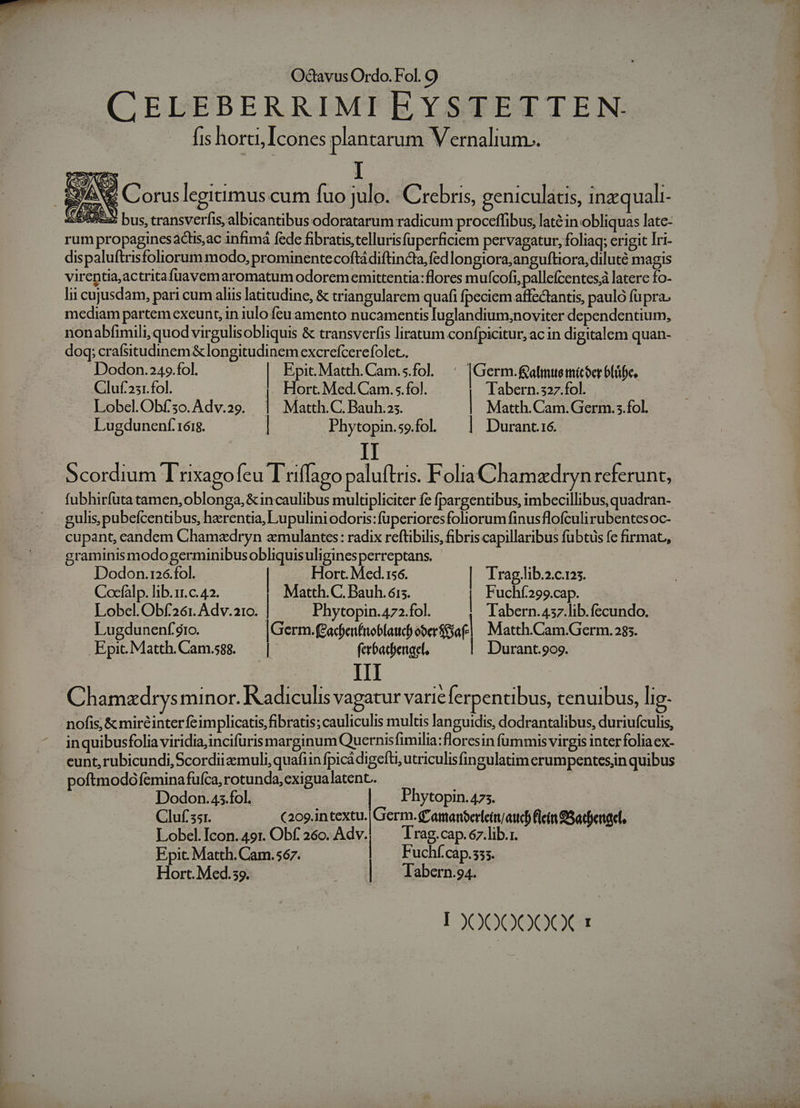 CELEBERRIMI EYSTETTEN. fis horti, Icones plantarum Vernalium.. V Coruslegitimus cum fuo julo.Crebris, geniculatis, inzquali- 4952 bus, transverfis, albicantibus odoratarum radicum proceffibus, latéin obliquas late- rum propagincsactis,ac infimá fede fibratistellurisfuperficiem pervagatur, foliaq; erigit Iri- dispaluftrisfoliorum modo, prominentecoftádiftincta,fedlongiora;anguftiora,diluté magis virentia,actritafuavem aromatum odorememittentia: flores mufcofi, pallefcentes laterc fo- lii cujusdam, pari cum aliis latitudine, &amp; triangularem quafi fpeciem affectantis, pauló fupra. mediam partem exeunt, in iulo fcuamento nucamentis luglandium;noviter dependentium, nonabfimili, quod virgulisobliquis &amp; transverfis liratum confpicitur, ac in digitalem quan- doq; crafsitudinem &amp;longitudinem excrefcerefolet.. Dodon.24o.fol. Epit.Matth.Cam.s.fol. [Germ.Galmusmítoer bláfe. Cluf23r.fol. |. Hort. Med.Cam.s.fol. Tabern.327.fol. Lobel.Obf'3o. Adv.29. | Matth.C. Bauh.25. | Matth.Cam. Germ.5.fol. Lugdunenf. 1618. | Phytopin.so.fol. |. Durant. 16. | II Scordium T rixagofeu Tuflago paluftris. FoliaC hamzdryn referunt, fubhirfuüta tamen, oblonga, &amp;incaulibus multipliciter fe fpargentibus, imbecillibus, quadran- gulis, pubefcentibus, herentia, Lupulini odoris:fuperioresfoliorum finusflofculirubentesoc- cupant, eandem Chamedryn «mulantes: radix reftibilis, fibris capillaribus fubtus fc firmat, graminismodogerminibusobliquisuliginesperreptans. Dodon.r26.fol. Hort. Med.156. - Traglib.z.c.r25. Cocfàlp. lib. r.c. 42. Matth.C. Bauh. 615. | Fuchf299.cap. Lobel. Obf261. Adv.21to. | Phytopin.472.fol. |. Tabern.4537.lib.fecundo. Lugdunenf'$ro. |Germ.f'adjenfioblaudy ober fijaf. Matth.Cam.Germ.233. Epi. Matth.Cam.ssg. — |. ferbadienael, | Durant.909. III Chamzdrys minor. I adiculis vagatur varie erpentibus, tenuibus, lig- nofis, &amp; miréinter feimplicatis,fibratis; cauliculis multis languidis, dodrantalibus, duriufculis, inquibusfolia viridia,incifuris marginum Quernisfimilia:floresin fummis virgis inter folia ex- eunt, rubicundi,Scordiizmuli,quafiin fpicádigeft,utriculisfingulatim erumpentesjin quibus poftmodo femina fu(ca, rotunda, exigua latent. | Dodon.45.fol. Phytopin.475. Cluf ss1. (209.intextu. | Germ.d'amanberletrt/ auch flein 93atfenacd, Lobel.Icon.49r. Obf 260. Adv.| ^ Trag.cap.67.lib.r. Epit. Matth. Cam.567. | Fuchf.cap.s33. Hort. Med.sg. | Tabern.94. I XOOOQ0Q00X 1