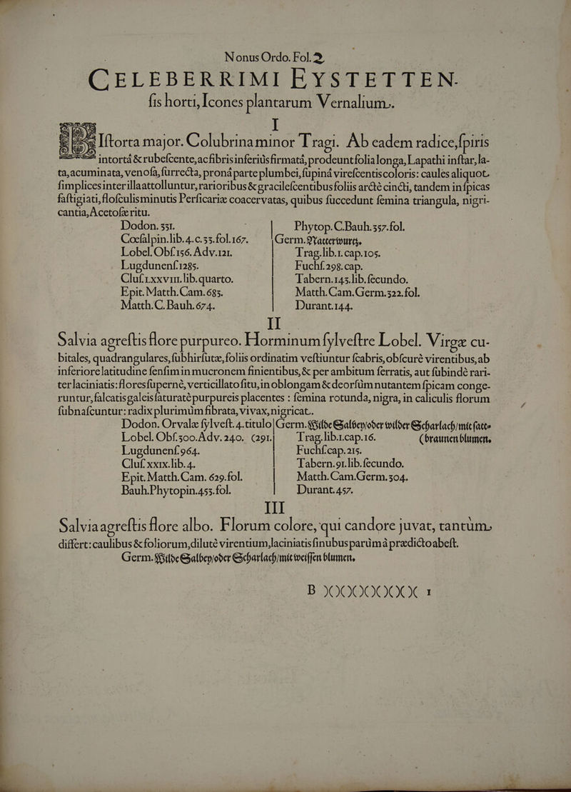 CELEBERRIMI EYSTETTEN. (is horti, Icones plantarum Vernalium.. S Es Iftorta major. Colubrina minor Tragi. Ab cadem radice,fpir 15 mme intortá&amp;rubceícente,acfibrisinferiüsfirmatá, prodeuntfolia longa, Lapathi inftar, la- ta,acuminata, venofa,furrecta, proná parte plumbei, fupiná virefcentiscoloris: caules aliquot. fimplicesinterillaattolluntur, rarioribus&amp; gracilefcentibusfoliis ar&amp;é cincti tandem in fpicas faftigiati,flofculisminuts P'erficariz coacervatas, quibus fuccedunt femina triangula, nigri- cantia, A cetofz ritu. Dodon. st. | | Phytop. C.Bauh.ss7.fol. Cocfàlpin.lib. 4.c.55.fol.167. Germ.9Tattertourts, Lobel. Obf 156. Adv.121. | Trag.lib..cap.105. Lugdunenf 185. Fuchf.298.cap. : Glusxvn M bdtetto, Tobec E TE cunda. Epit. Matth. Cam.685. | Matth. Cam.Germ.322. fol. Matth.C. Bauh. 674. | | Durant.144. II | Salvia agreftis Hore purpureo. Horminum [ylveftre Lobel. Virga Cu- bitales, quadrangulares, fubhirfutz, foliis ordinatim veftiuntur fcabris,obfcuré virentibus,ab inferiore latitudine fenfimin mucronem finientibus,&amp; per ambitum ferratis, aut fübindé rari- terlaciniatis:floresfuperne, veracillatofitu,in oblongam &amp; deorfüm nutantem fpicam con ge- runtur, falcatisgaleisfaturaté purpureis placentes : femina rotunda, nigra, in caliculis florum fübnafcuntur: radixplurimum fibrata, vivax, nigricat.. Dodon. Orvale fylveft. 4.titulo Germ.86sifoc &amp;Salóepiooer toifocr GScbartachmic fatte Lobel. Obf.5oo. Adv. 240. agr. UPS — (braunen lumen, Lugdunenf. 964. uchf.'cap.2s. Clif xxIx.lib. 4. | Tabern.or.lib.fecundo. Epit. Matth. Cam. 629.fol. | Matth. Cam.Germ. 304. Bauh.Phytopin.455.fol. | | Durant.457. Salvia agreftis flore albo. Florum colore, qui candore juvat, tantum. differt: caulibus &amp; foliorum,diluté virenuum,laciniatis finubus parümà pradictoabeft. — Germ.$fsiloc&amp;jalbepiober &amp;barlachrmittoeiffen blumen,