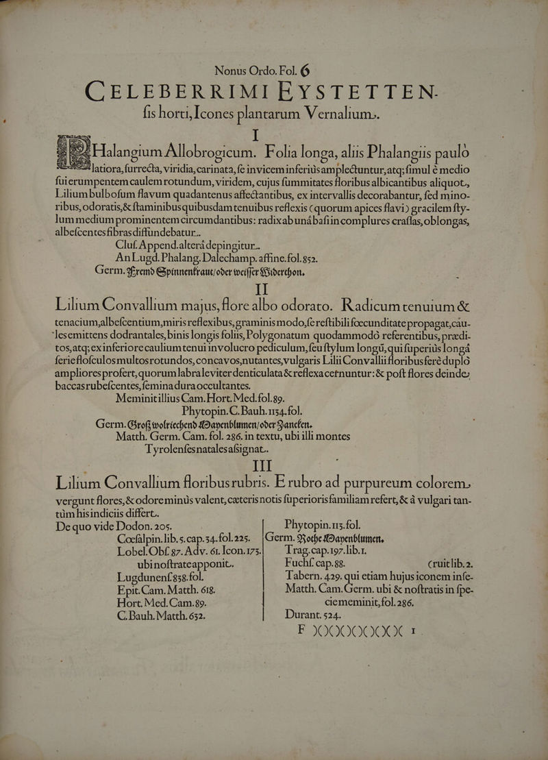 CELEBERRIMI EYSTETTEN. fis horti Icones plantarum Vernalium.. NND | I s EHalangium Allobrogicum. Folia longa, alus Phalangiis paulo 854 latiora, furrecta, viridia, carinata, fe inviceminferiusam ple&amp;untur,atq; fimul é medio fuierumpentemcaulemrotundum, viridem, cujus fummitates floribus albicantibus aliquot, Lilium bulbofum flavum quadantenus affe&amp;tantibus, ex intervallis decorabantur, fed mino- ribus, odoratis,&amp; ftaminibusquibusdam tenuibus reflexis quorum apices flavi) gracilem fty- lum medium prominentem circumdantibus: radixab uná bafiin complures craflas,oblongas, albefcentesfibrasdiffundebatur.. Cluf. Append.alterá depingitur.. AnLugd.Phalang. Dalechamp. affine.fol. 852. Germ. 9f rem Gypinnenfraucober toeiffer Spero, II Lilium Convallium majus, flore albo odorato. Radicumtenuium &amp; tenacium,albefcentium,miris reflexibus, graminis modo,fe reftibili foecunditate propagat;cau- - tos,atq;exinferiorecauliumtenui involucro pediculum, fcu ftylum longü,qui fuperius longá ferieflofculosmultosrotundos, concavos,nutantes, vulgaris Làlii Convallii floribusferé duplo baccasrubeícentes,femina dura occultantes. Meminitillius Cam. Hort. Med.fol.89. Phytopin.C. Bauh. 14. fol. Germ. G5rofi tvofriccbenb TOapenblimenober Sancfert. Matth. Germ. Cam. fol. 286. in textu, ubi illi montes Tyrolenfesnatalesafsignat.. | | III Lilium Convallium floribus rubris. E rubro ad purpureum colorem. | vergunt flores, &amp; odore minus valent, cateris nous fuperiorisfamiliam refert, &amp; à vulgari tan- tüm hisindiciis differt. : De quo vide Dodon. 20s. | Phytopin.r.fol. | Cocfülpin.lib.s.cap.s4.fol.22s. Germ. 93odef9avenb(utmer, Lobel.Obf 87. Adv. 61. Icon. d Trag.cap.197.lib.r. ubinoftrateapponit.. | Fuchf. cap. 88. cruitlib.2. | Lugdunenf58.fol. Tabern. 429. qui etiam hujus iconem infe- Epit. Cam. Matth. 618. Matth. Cam.Germ. ubi &amp; noftratis in fpc- Hort. Med. Cam.89. ciememinit fol. 286. C. Dauh. Matth. 632. Durant. 524. 3500600000 —