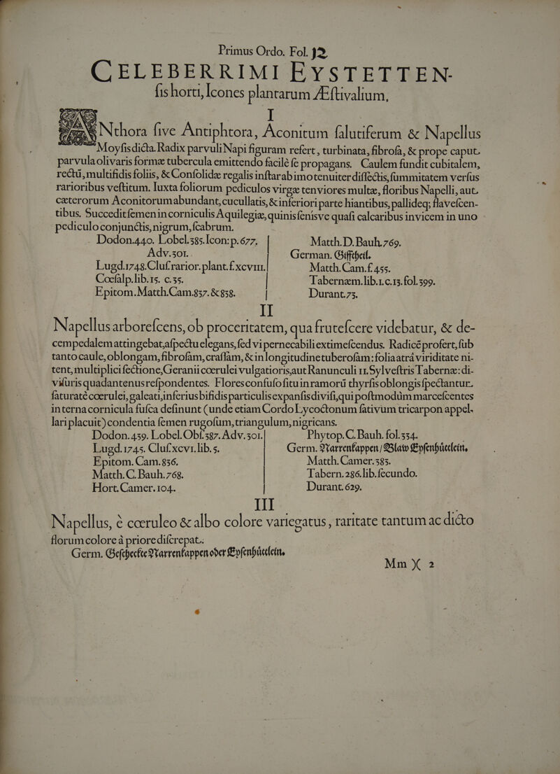 CELEBERRIMI EYSTETTEN- (ishorti, Icones plantarum AEfüvalium., bez CCASERNN Nthora five Antiphtora, Aconitum falutiferum &amp; IN apellus n Pe QU me d. Moyfis dicta. Radix parvuli Napi figuram refert , turbinata, fibrofa, &amp; prope caput. parvulaolivaris formz tubercula emittendo facile fe propagans Caulem fundit cubitalem, rectu, multfidis foliis, &amp; Confolidz regalis inftarabimotenuiter diffectis,fummitatem verfus rarioribus veftitum. luxta foliorum pediculos virga tenviores multz, floribus Napelli, aut. ceterorum Aconitorumabundant cucullatis, &amp; inferiori parte hianabus, pallideq; flaveícen- tibus. Succeditfemenin corniculis Aquilegiz, quinisfenisve quafi calcaribus invicem in uno pediculo conjunctis, nigrum, fcabrum. . Dodon.44o. Lobcl.385.Icon: p.677. Matth. D. Bauh.769. Adv.sor.. German. Giifftbeif. Lugd.i748.Cluf'rarior. plant.f xcvi. | Matth. Cam.f 455. Cocfalp. lib. ts. c.5s. Tabernazm.lib.1.c.15.fol. 399. Epitom.Matth.Cam.857. &amp; 858. Durant.7s. | II Na ellus arboreícens, ob proceritatem, qua Íru ceícere videbatur, &amp; de- cempedalemattingebat;afpectu elegans, fed vi pernecabili extimefcendus. Radicéprofert, fub tantocaule,oblongam, fibrofam,craflam, &amp;inlon igitudinetuberofam: foliaatrá viriditate ni- tent, mulaplicifectione;Geraniicoerulei vulgatiorisaut Ranunculi 11. Sylveftris Taberna::di- viturisquadantenusrefpondentes. Floresconfufofituinramorü thyrfisoblongisfpectantur. faturatécocrulei, galeatuinferiusbifidisparticulisexpanfisdivifiqui poftmodum marcefcentes internacornicula fuíca definunt (unde etiam Cordo Lycodonum fativum tricarpon appel. lari placuit) condentia femen rugofum,triangulum, nigricans. Dodon.439. Lobel.Obf387. Adv. sor Phytop.C. Bauh. fol. 534. Lugd.1745. Cluf.xcvr.lib.s. | Germ. 9Yarrenfappen 95[ato £vferbüedeirt, Epitom. Cam. 836. Matth. Camer.385. Matth. C. Bauh. 768. | | Tabern.286.lib.fecundo. Hort. Camer. 104. | Durant. 629. ILI Napellus, € coeruleo &amp; albo colore variegatus, raritate tantum ac di&amp;o florum colore à priore difcrepat.. Germ. GiefdjecfegYarrenfappen ober &amp;vfenbücdett