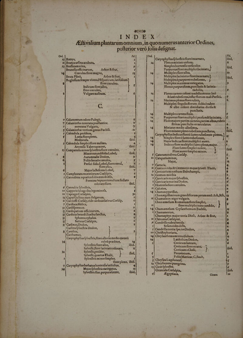 ! — CHEST D AME M E E Ni Bode rey ter Et. | , at()58 Orá, Fel. 13 | Botrys, 2 1| Brancaurfina aculeata, I 13 | Brafficamarina, | »| Brunella officinarum, Arbor &amp; frut, r Iq. Coerulea flore magno, zl Bruta Plinii, Arbor &amp; frut, I Bugloffum femper virens Hifpanicum, latifolium | 8 florecoeruleo, | | Italicum florealbo, à flore coeruleo, 2 J | s| Vulgarenoflrum, |. 6 | c | 7, Calamentumodore Pulegii, 8 rí | Calamintha montana przílantior. 7 7 montana Vulgaris, vd $ Calaminthz tertiumgenusFuchfi. —— .I2 5 | Calendula prolifera, 3 | s Lutea florepleno, 3| Mediorufa. ibid. 5 | Calendula fimpliciflore melino, 4p Arvenfis Tabernzemont, — —— ibid. 1 | Campanulaminorfylveflrisflorecoeruleo, ^ : ^ — 8 Minorrotundifolia Lobel, ibid, | ; Autumnalis Dodon, CE 6 Foliis ferratis coerulea, in abrctdpe ; Perfici folia Lobel.florecoerul, '8 florealbo, ibid, s| Majorla&amp;tefcens Lobel, 7 $| Camphorata recentiorum Coefalpin, g $ | Cannabina aquatica foliisnon divifis, 8 Foemina Septentrionalium ftellato odoratoflore. ibid, 6 , Cannabis fylveflris, 3 10 | Capparisfabago feu leguminofa, j 10 | Caprago Cocfalpini, » 1; | CaputGallinaceum Belgarum. 2 1i | Carcioffi Cocfalp.vide carduus fativus Coe(alp, 6|. [jj Cardopatium officinarum, : 8 | jJ | Carduus benedictusfeufanc&amp;tus, 8 E Sphoerocephalus. z T Sativus Coefalpin, 6 j| ' Carlinaz;Dodon, 8 Carlina fylveftris Dodon, h Ji ; Carolina, 8 Carthamus, j | Caryophyllusfylveftris,flore alboin medio coronà rubrá praditus, 14. Sylveftrisflorealbo, : dre ion des el laciniatoodorato, - 5 J4- Sylveftr.prolifer, 1 ies | CHE a Tha, f ibid, ; Sylveflris minorfimplex. 1 florepleno., ibid. 9| Caryophyllus barbatus hortenfis latifolius, 4 14; Major fylveftris variegatus, 12 | Sylveftris flor.purpurafcente, ibid, rd, | Caryophyllus fylveftris floreincarnato, 14 Plenus miniato colore, I |j | Simplex hortenfis verficolor. 1 | Purpureusflore multiplicilaciniato,; 14 | Multiplex florealbo, IO ' Multiplex laciniatus floreincarnato,? j4 hüdg — Multiplexépurpureorubefcente, | j n I4. Multiplex maximus variegatus, 9 Plenus purpurafcens,punctatis &amp; lacinia- tis foliis, 7 Plenuscarneo colore umbilicotenus laté &amp;lzxtérubefcensjinftarflorum maliPerfici; |7 I4. Maximus plenusflore rubro, 6 Multiplex fingulisflorum foliis érabro | &amp; albo colore dimidiatim divifis &amp; I4. | Multiplex carneo flore. 14. Purpureusflore multiplici profundélaciniato, I4. Flore majore partim carneus,partim albus;rubris ftriisacpunctulis vermiculatus, 14. | Miniatus indio albefcens, Floreminore pleno rubefcens punctatus, CaryophyllusIndicusfloreé luteo iie plenus, ? Simplex floreé luteo rubefcente, ]ii5 14. Major Indicus flore multiplici aureo. | i | | I3 L1 M Floreluteoftmplici minor, Floreaureo(implidiminor, .. y, $ |Catanancealtera Cocfalp. | I2 | Cataputia minor, e Major, 7 | Cattaria, H | Centaurcides € Centauriü majus Iylvelt. Thalii, 9 Centaurium nothum Dalechampii, 12 | Centum morbia. I | Cervicaria majorfylveflris, I| Cervicaria marina Dodon, 1| Hortenfisflore coeruleo, II | Calceios, 14.| Chamzcypariífus, CEUTCA CS Chamzgelfiminum grandiflorum peramoenü.Arb,&amp;fr, Chamxleon niger vulgaris. - Chamzmelum Romanumflore fimplici, Chammznerion, Chamzpitys major tertia Diofc, Arbor &amp; frut, II | Chironia Cotfalpini, 9? | Condrilla rubrafoetida.: | 5| . | Sefamoidesdicta, 5 | Condrillztertiz fpecies Dodon, 10 | Chriftophoriana, 14. | Chryfanthemumtenuifolium. E Latifolium Dodon, 5j. Creücumluteum, Creticum flore mixto, 7 Creticum 1 Clufii, 1 $ Peruvianum, i— m GNNOQCPORBAGUMT Le I ——— Q0 5 9^ hRAOowg o 0 rA g- --- poc * $ Foliis Matricar, C, Bauh, $ | Chryfxa Lugdunenf, 12 | Chryfocome peregrina, J 13 | Cicer fylveftre, Id Cicercula Cocfalpin, ibid, $l /Egyptiaca, Cinara |1o