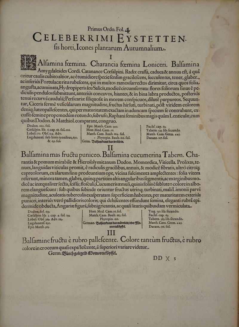 CELEBERRIMI EYSTETTEN. Íis horti, Icones plantarum Autumnalium.. T Amygdaloides Cordi. Catanance Cocfalpini. Radix craffà, caduca &amp; annua eft, à quá oritur cauliscubitoaltior,acétumidiore fpeciefenfim gracilefcens, fucculentus, tener, glaber., acinferius Portulaca ritu rubefcens, qui in multos ramosfürrectos dirimitur, circa quos folia. angulíta;acuminata;HydropiperisfeuSalicis;jmodicécircumferrata: florcs foliorum finus é pe- diculispendulosfübmittunt;anterius concavos, hiantes, &amp; in bina labra productos, pofterius tenuirecurvácaudulá:;Perficaria filiquofz in morem conf picuos,diluté purpureos. 5equun- tur, Ciceris fermé veficülarum magnitudine, fructus hirfuti, turbinati, poft viridem colorem deniq; luteopallefcentes, quiper maturitatem exactam inaduncam fpeciem fe contrahunt, ex- cuffofemine propemodümrotundo,fübrufo;Raphani feminibus magis quàm Lenticule;cum quibusDodon. &amp; Matthiol.comparant, congruo. Dodon. 66o. fol. Epit. Matth. Cam. 990. Fuchf. cap. 6o. Cocfalpin. lib. 6. cap. 68. fol. 266. Hort. Med. Cam. 26. Tabern. 539. lib. fecundo. Lobcl.17z. Obf.134. Adv. | Matth. Cam. Bauh. s84. fol. | Matth. Cam. Germ. 445. Lugdunenf. fub binis iconibus, 6;o. &amp; 631.fol. ». Phytopin. Bauh. 616. fol. | Durant. 127. fol. Germ. 23alfamfratit bas tecibleíti, PBalíamina mas fructu puniceo. Balfamina cucumerina Tabern. Cha- rantia&amp;pomum mirabile &amp; Hierofolymitanum Dodon. Momordica, Viticella. Prolixas,te- nucs,languidas viticulas promit, é radiculis gracilibus,annuis, &amp; modicé fibratis, ultró citroq; capreolorum,exalarumfinu prodeuntium ope, vicina fulcimenta ampledtentes : folia vitem referunt, minoratamen, glabra, quinq;partitimaltisangularibus fegmentisac marginibus mo- dicéacinzequaliter fectis,fciffa; flofculi(Cucumeriszmuliquinisfoliisé fübluteo coloreinalbo- remcelanguefcunt: fub quibus fübinde oriuntur fru&amp;tus utrinq; turbinati; mali Limonii parvi magnitudine, aculeatis tuberculisexafperatam fuperficiem habentes, per maturitatem exterius punicei, interius vero pallidioriscoloris qui dehifcentes effundunt femina, eleganti rubrá epi- dermideobducta,Angurizfigurá,(übnigricantia,acquafilituris quibusdam vermiculata.. Dodon.fol. 65o. Hort. Med. Cam.26.fol. | | Trag. 1o.lib.fecundo. Cacfalpin. lib. s. cap. 4. fol. 199. | Matth. Cam. Bauh. 885. fol. Fuchf. cap. 6o. Lobel. Obf. 369. Adv.2$9. | | Phytopin. 6r6. | Tabern. 565.lib.fecundo. Lugdunenf. 650. German. 93alfamfraut bas mánnleciti/ober 3i Matth. Cam. Germ. 445. Epit. Matth. 989. morticfópffel. Durant. 126. fol. coloreincroceum quafi expa!lefcente,à fuperiori variare videtur. Germ.93leícf aolcactb ('omerticfópffel. 13:508 Lim P