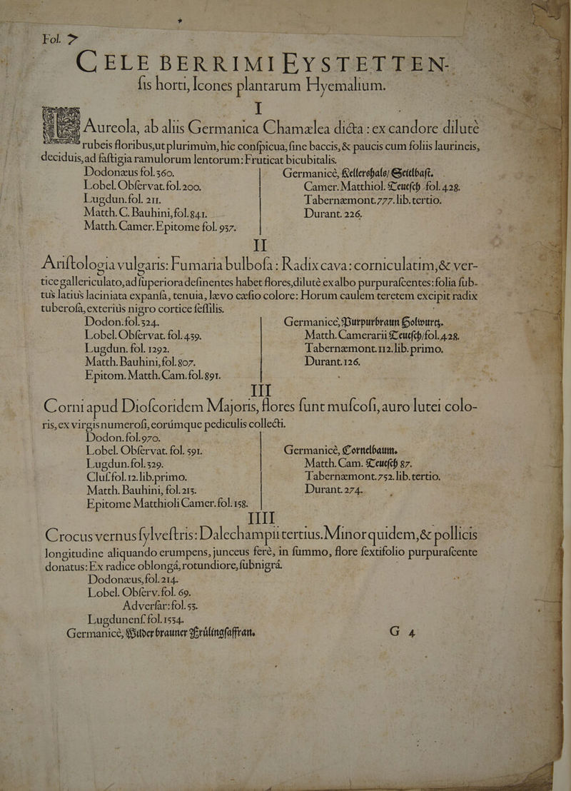 C CELEBERRIMIEYSTETTRN. 3 fis hora, Icones plantarum Hycemaliams e i 5 x5 Aurcola, ab alus Germanica Chamzlea di&amp;a : ex candore diluté. T rubeisfloribusutplurimum, hic confpicua, fine baccis, &amp; paucis cum foliis laurincis, deciduis,ad faftigia ramulorum lentorum: Fruticat bicubitalis. PX yo - . E e VAT. en eM , *  , / J 2  | C 1 Dodonazusfols6o. - | Germanice, &amp;ellerefafe; &amp;yeitlbaft, — Lobel. Obfervat.fol.200. | Camer. Matthiol. £'eutfcb fol. 428. Lugdun.fol. 21r. | Tabernzmont 777.lib.tertio. Matth. C. Bauhinifol.g41.- Durant. 226. Matth. Camer. Epitome fol.957..— | | II Anftologia vulearis: Fumaria bulbofa: Radix cava: corniculatim,&amp; ver- ticegallericulato,adfüperioradefinentes habet flores,diluté exalbo purpurafcentes:folia fub. . tus latius laciniata expanfà, tenuia, laevo cafio colore: Horum caulem teretem excipit radix tuberofa, exterius nigro cortice feffilis. p Dodon.fol.324. Germanice, SDurpurbraut oltourt. — 0 Lobel. Obfervat. fol. 439. Matth. Camerarü &amp;eufcbifol.428. ——— Lugdun.fol 1292. . Tabernzgmont.112.]ib. primo. : Matth. Bauhini,fol.807. | Durant.126. Epitom. Matth. Cam. fol. 891. Corniapud Diofcoridem Majors, flores funt mufcofr, auro lutei colo- ris,cx virgisnumerofi, corümque pediculis colledt. Dodon.fol.o7o. | | Lobel. Obfervat. fol. S9I. Germanicé, €oernelbattitt. — Lugdun .fol.329. | | | Matth. Cam. $&amp;ceut(cf) 87. Cluf.fol.12.]ib.primo. | | Tabernamont.752.lib.tertio. Matth. Bauhini, fol.215. | Durantor4s. | Epitome Matthioli Camer.fol. 15$. | * III Crocus vernus ylveftris : Dalechampit tertius. Minor quidem,&amp; pollicis longitudine aliquando erumpens, junceus fere, in fummo, flore fextifolio purpurafcente donatus: Ex radice oblongá, rotundiore, fubnigrá. | ! Dodonxus,fol. 214. Lobel. Obferv.fol. 69. Adverfar:fol.ss. Lugdunenf fol.1534. | Germanice, f£iilver brauner 9 rifinafaffrait, G 4