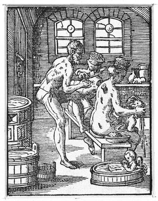 M0012672: Woodcut illustration of cupping in a bath house, 1568