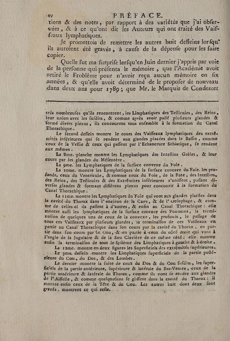 tions & des notes, par rapport à des variétés que j'ai obfer- vées, & à ce qu'ont dit les Auteurs qui ent traité des Vaif- faux lymphatiques. AR ÿ Je promettois de remettre les autres huit defleins lorfqu° ils auroïent été gravés, à caufe de la dépenfe pour les faire copier. | Quelle fut ma furprife lorfqu’en Juin dernier j'appris par voie de la perfonne quipréfenta le mémoire , que l’Académie avoit retiré [e Problème pour n'avoir reçu aucun mémoire en fix années , & ‘qu'elle avoit déterminé -de le propofer de nouveau dans deux ans pour 1789 ; que Mr. le Marquis de Condercet ESS; trés nombreufes qu’ils rencontrent , les Limphatiques des Tefticules, des Reins, leur union avec les fufdits, & comme après avoir pailé plufeurs glandes & formé divers plexus , ils concourent tous enfemble à la formation du Canal Æhorachique.. Le fecond deffein montre le cours des Vaifleaux lymphatiques des extrê- mités inférieures qui fe rendent aux glandes placées dans le Baflin , comme ceux de la Veffie & ceux qui pañlent par L’Echancrure Schiatique, fe rendent aux mêmes . La 8me. planche montre les Lymphatiques des Inteftins Grèles, & leur cours par les glandes du Méfentère. ; La 9me. les Lymphatiques de la furface convexe du Foie. La rome. montre les Lymphatiques de la furface concave du Foie, les pro- fonds, ceux du Ventricule, & comme ceux du Foie , de la Rate, des Inteftins, des Reins, des Tefticules & des Extrêmites inférieures s’uniffent, paflant di- verfes glandes & ‘formant différens plexus pour concourir à Ja formation du Canal Thorachique . | | La 11me. montre les Lymphatiques du Foïe qui vont aux glandes placées dans la cavité-du Thorax dans l’engiron de la Cave, & de l Uelophage, & com- me de celles-ci ils pañlent à d’autres, & enfin au Canal Thorachique : elle montre aufli les lymphatiques de la furface concaye des Poumons, la termi- païfon de quelques uns de ceux de la convexe , les profonds, le pañlage de tous ces Vaifleaux par plufeurs glandes, ‘ia terminaifon de ces Vaïitleaux en Partie au Canal Thorachique dans fon cours par la cavité du Thorax , en par- tie dans fon:cours par e Gou,-&-en ‘pastie à -ceux du côté droit qui vont À l’angle de la Jugulaire & de la Sou Clavière de-ce même côté: ælle montre enfin la terminaifon de tout le Syflème des Limphatiques à.gauche & à droite. La 12me. montre en deux figures les Superficiels des extrèmités [upérieures. | Le me. deffein montre les Limphatiques fuperficiels de la partie pofté- rieure du Cou. du Dos, & des Lombes. Le dernier montre la fuite de ceux du Dos & du Cou fufdits, les fuper- ficiels de la partie antérieure, fupérieure & latérale du Bas-Ventre, ceux de la Païitie antérieure & latérale du Thorax , comme ils vont fe rendre aux glandes de |” Aiflelle , & comme quelquefuns fe glifent dans la cavité du Thorax: il montre enfin ceux de la Tête & du Cou. Les autres huit ‘dont deux font gravés. montrent ce qui-refbe,