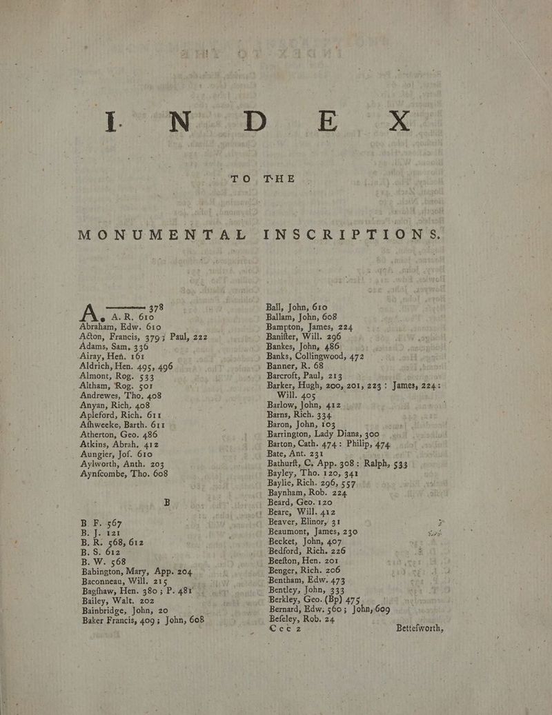 MONUMENTAL A 3 e A.R. 610 Abraham, Edw. 610 Aéton, Francis, 379; Paul, 222 Adams, Sam, 336 -Airay, Heh. 161 Aldrich, Hen. 495, 496 ‘Alnonts Rog. 533 Altham, ‘Rog. 501 Andrewes, Tho. 408 Anyan, Rich. 408 Apleford, Rich. 611 Athweeke, Barth. 611 Atherton, Geo. 486 Atkins, Abrah, 412 _ Aungier, Jof. 610 Aylworth, Anth. 203 Aynfcombe, Tho. 608 B BF. 567 B. J. 121 B. R. 568, 612 B. S. 612 B. W. 568 Babington, Mary, App. 204 Baconneau, Will. 215 Bagfhaw, Hen. 380; P. 481 Bailey, Walt. 202 Bainbridge, John, 20 Baker Francis, 409; John, 608 INSCRIPTIONS. Ball, John, 610 Ballam, John, 608 Bampton, James, 224 Banifter, Will. 296 Bankes, John, 486 Banks, Collingwood, 472 Banner, R. 68 Barcroft, Paul, 213 Barker, Hugh, 200, 201, 223 : James, 224: Will. 405 Barlow, John, 412 | Baron, John, 103 Barrington, Lady Diana, 300 Barton, Cath. 474: Philip, 474 Bate, Ant. 231 Bathurft, C. App. 308: Ralph, 533 Bayley, Tho. 120, 341 Baylie, Rich. 296, 557 Baynham, Rob. 224 Beard, Geo. 120 Beaver, Elinor, 31 Beaumont, James, 230 Becket, John, 407 Bedford, Rich. 226 Beefton, Hen. 201 Benger, Rich. 206 Bentham, Edw. 473 Bentley, John, 333 Bernard, Edw; 560; John,: Boy Befeley, Rob, 24 Cec z Bettefworth,