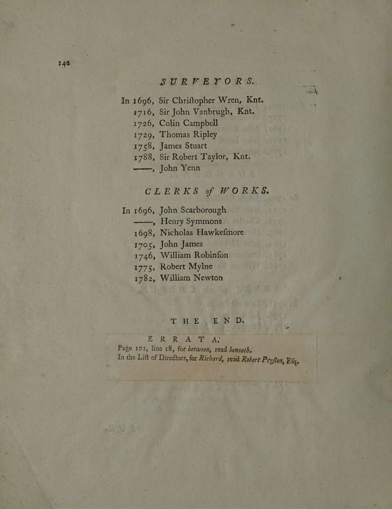 SURVEYORS. In 1696, Sir Chriftopher Wren, Knt, 4716, Sir John Vanbrugh, Kant. 1726, Colin Campbell 1729, Thomas Ripley 1758, James Stuart 1788, Sir Robert Taylor, Knt. ———, John Yenn : CLERKS of WORKS. In 1696, John Scarborough =e, Henry Symmons 1698, Nicholas Hawkefmore 1705, John James 1746, William Robinfon 1775, Robert Mylne 1782, William Newton TS 4S ND. BR ak a AS Page 101, line 18, for between, read beneath.