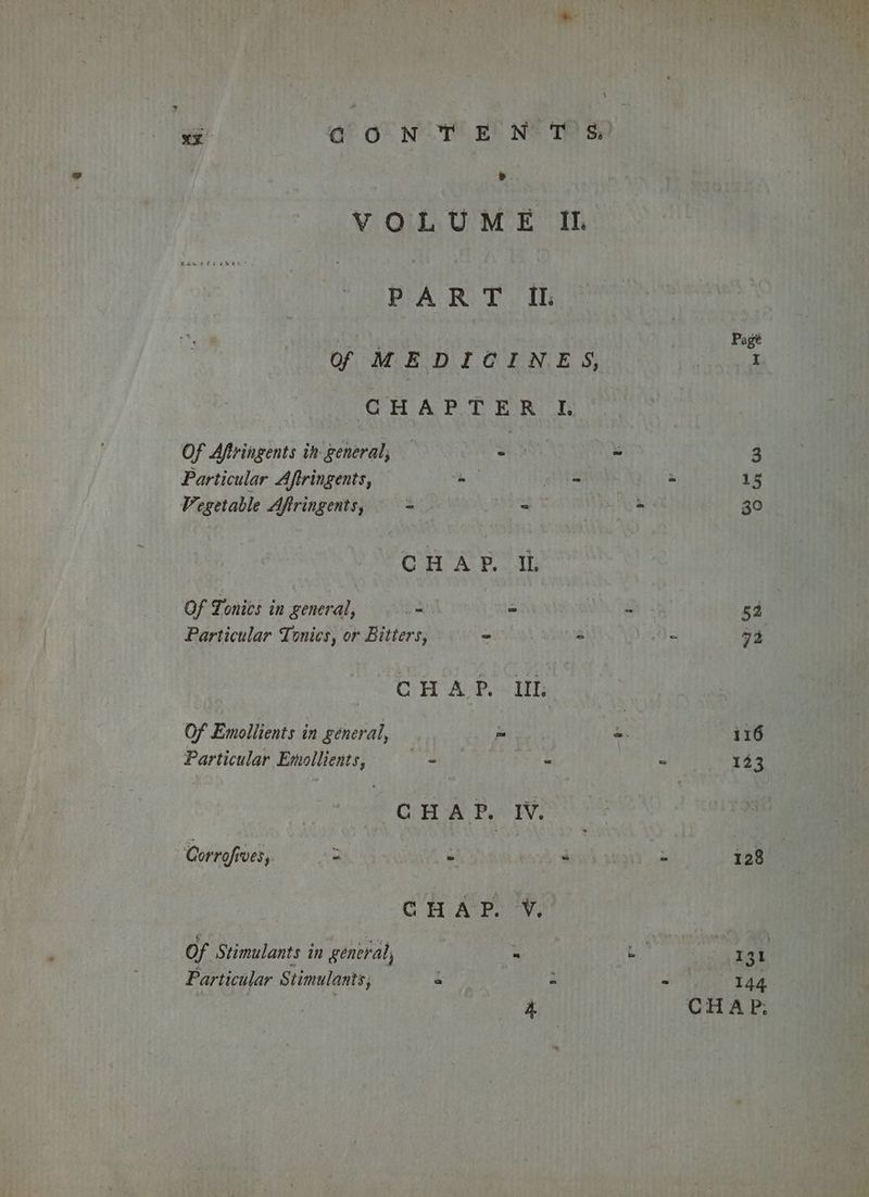 oral CON TEN TS)? » VOLUME It PART Ii. tS Pagé Of MEDICINES, I CHAP TER Of Aftringents in general, — re “ 3 Particular Aftringents, ss Pair = 15 Vegetable Aftringents, < SET = 30 CH AP. Ib Of Tonics in general, sr 2 - 52 Particular Tonies, or Bitters, “ a Oe 72 CHAP. III Of Emollients in general, = 4 116 Particular Emollients, - - “ 123 CHAP. IW. Gorrofives, : - covks ” 128 CHAP. V. Of Stimulants in general, . shee I 31 Particular Stimulants, = : 144 4 CHAP,