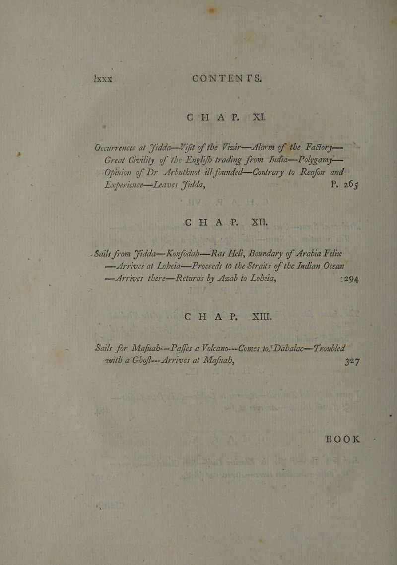 CH AP. XL a] Occurrences at Fiddo—Vifit of the Vizir-—Alarm of be Fobtany Great Civility of ithe Engh/b trading from India—Polygamy— Opinion of Dr Arbuthnot ill. eda hats to Reafon and - Experience—Leaves ree. : P. 265 CH AwPo th Sails from Fidda—Konfodah—Ras Heli, Boundary of Arabia Felix —Arrives at Lobeia—Proceeds to the Straits of the Indian Ocean — Arrives there—Returns by Azab to Lobeia, +294 CE ape oR TT Sails for Mafuah---Paffes a Volcano---Comes to, Dahalac—Troubled zith a Ghofte--Arrives at Mafuah, A aa BOOK