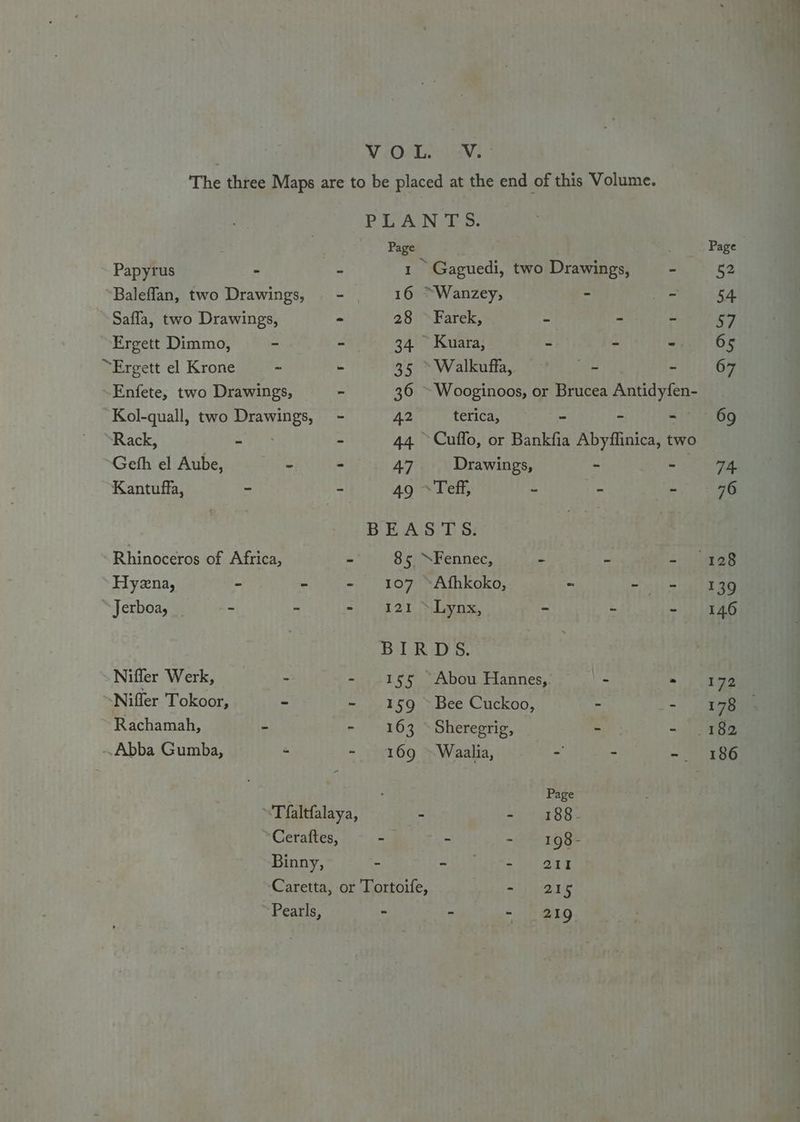 oF - = ee Vidal Ve The three Maps are to be placed at the end of this Volume. PEAIN ES: Page Papyrus - 1 Gaguedi, two Drawings, - Baleflan, two Drawings, 16 ~Wanzey, = Safla, two Drawings, 28 ~ Farek, - - Ergett Dimmo, ~ 34 Kuara, - - “Ergett el Krone ~ eS eR al aa fay | Pee ears ~ Enfete, two Drawings, ~ 36 ~Wooginoos, or Brucea Antidyfen- Kol-quall, two Drawings, - 42 terica, - - - Rack, - - 44. Cuffo, or Bankfia Abyflinica, two Geth el Aube, - - 47 Drawings, - - Kantuffa, ~ + 49 ~Teff, - . - BEASTS. Rhinoceros of Africa, 85 “Fennec, A i Hyena, - - 107 ~Afhkoko, - i Jerboa, - > 121 - Lynx, - Mi BIRDS. Niffer Werk, - 155 Abou Hannes, a ‘Niffer Tokoor, - 159 ~ Bee Cuckoo, - Rachamah, - 163 ~ Sheregrig, x Abba Gumba, - 169 ~Waalia, - - Page ‘Tfaltfalaya, - - 188. ‘Cerattes, - 4 - 198- Binny, = ttt Vise Ease ay Caretta, or Tortoife, ~ ere Pearls, - - - 219
