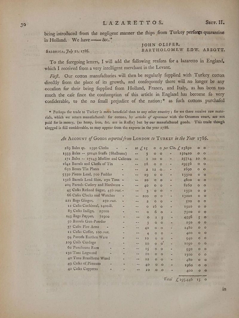 3a being introduced from the negligent manner the fhips from T urkey perforq quarantine in Holland.» We have &amp;c,” JOHN OLIFER, ling @ “Saronica, Fuly 21, 1786.  BARTHOLOMEW EDW. ABBQTT. To the foregoing letters, I will add the following reafons for a lazaretto in England, which I received from a very intelligent merchant in the Levant. Firf. Our cotton manufaétories will then be regularly fupplied with Turkey cotton directly from the place of its growth, and confequently there will no longer be any occafion for their being fupplied from Holland, France, and Italy, as has been too much the cafe fince the confumption of this article in England has become fo very confiderable, to the no {mall prejudice of the nation:* as fuch cottons purchafed * Perhaps the trade to Turkey is more beneficial than to any other country ; for we there receive raw mate- rials, which we return manufa@tured: for cottons, by articles of agreement with the Ottoman court, are not paid for in money, (as hemp, iron, &amp;c. are in Ruflia) but by our manufaétured goods. This trade though clogged is ftill confiderable, as may appear from the exports in the year 1786. 4n Account of Goons exporied from Lonpon to Turkey in the Year 1786. 289 Bales qt. 1590 Cloths - - at fig o o per Clo. £23850 90 © 1333 Bales -- 50140 Stuffs (Shalloons) -- 3 Rca 2594290) 1 O°. 171 Bales -- 17143 Mullins and Calicoes -- (ages? aie aes Pel he J018 1642 Barrels and Chefts of Tin - £9) AE Bei Qs O - 29556 0 oO 650 Boxes Tin Plates - - -- 2 12 S 1690 0 oO 5330 Pieces Lead, 700 Fodder : ira i° Peta Bil °) - 13300 0 90 1316 Barrels Lead Shot, 230 Tons + - 20 \e' e “s 4600 © 0 204 Parcels Cutlery and Hardware - -- 40 O10 - 8160 0 oO 45 Cafks Refined Sugar, 450 cwt. - -- 3 ors - 1350 0 0 66 Cafes Clocks and Watches = == 1.200, 10°70 - 13200 O OG 221 Bags Ginger, © 250 cut = -- z 6 oO - S60 90, 0 12 Cafks Cochineal, 2400/4, - -- O16) 3S - 1920 “OO 83 Cafks Indigo, ~ 25000 - =e Om ONLO - FLO Ono, 243 Bags Pepper, 72900 - ae, Cen Gg : Ass. \ 5 ie 50 Barrels Gun-Powder a eis 31, ONO - I§O 40.4.0 37 Cafes Fire Arms - -— ==» 40 5 O2kO - 1480 0.0 12 Cafks Coffee, 100 cat. - ae 4. OsD = 400 |. 0 0 94 Parcels Earthen Ware - =e iO OMS is 040 OO 109 Coils Cordage - = met Or OMnaT = 1090 0 90 62 Puncheons Rum - - Ge pee oy *uto' * 939 TEP a0 130 Tons Logwood - - -- - Yo# O76 - 1900 70,07; 0 40 Tons Brazilletto Wood - “oR GIO Te 480 © 0 49 Catks of Pimento - ~ “7 h@? bao. - 1960 © 0 40 Catks Copperas - - A. LO yO - 400 © © | | Total £295,446 15 0 in