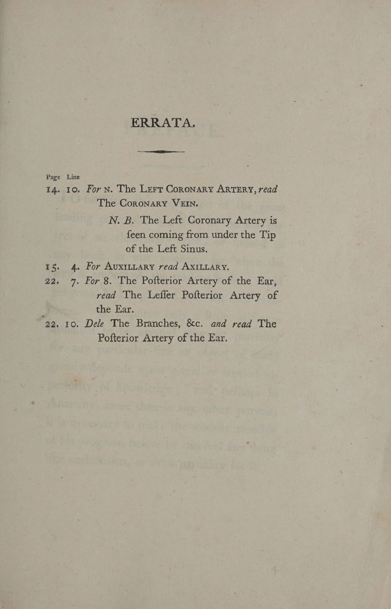 ERRATA. Page Line 14. 10. For nN. The Lerr Coronary ARTERY, read The Coronary VEIN. N. B. The Left Coronary Artery is” feen coming from under the Tip of the Left Sinus. | 15. 4. For AUXILLARY read AXILLARY. 22. 7. For 8. The Pofterior Artery of the Ear, read The Leffler Pofterior Artery of the Ear. 22. 10. Dele The Branches, &amp;c. and read The Pofterior Artery of the Ear.