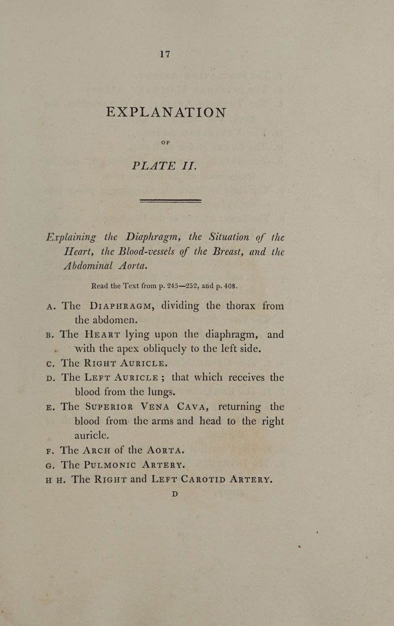 EXPLANATION OF PLATE Lf. Explaining the Diaphragm, the Situation of the Heart, the Blood-vessels of the Breast, and the Abdominal Aorta. Read the Text from p. 245—252, and p. 408. A. The DiapHracmM, dividing the thorax from the abdomen. B. The Hearr lying upon the diaphragm, and with the apex obliquely to the left side. c. The RiguT AURICLE. p. The Lerr AuvricLe; that which receives the blood. from the lungs. gE. The Superior Vena Cava, returning the blood from: the arms and head to the right auricle. Fr. The Arcu of the AorTa. . The PuLMoNIC ARTERY. u. The Ricut and Lerr CAroTID ARTERY. D on)