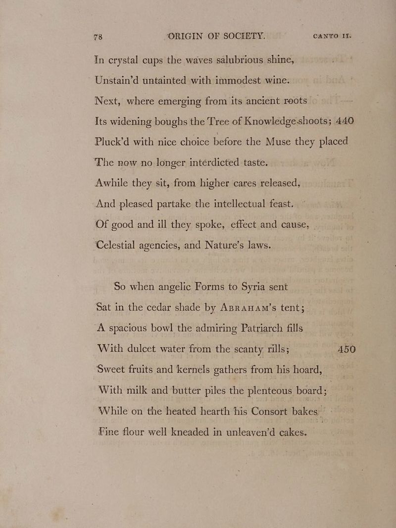 In crystal cups the waves salubrious shine, Unstain’d untainted with immodest wine. Next, where emerging from its ancient reots Its widening boughs the Tree of Knowledge shoots; 440 Pluck’d with nice choice before the Muse they placed The now no longer intérdicted taste. Awhile they sit, from higher cares released, And pleased partake the intellectual feast. Of good and ill they spoke, effect and cause, Celestial agencies, and Nature’s laws. So when angelic Forms to Syria sent Sat in the cedar shade by ABRAHAMm’s tent; A spacious bowl the admiring Patriarch fills With dulcet water from the scanty rills; A5O Sweet fruits and kernels gathers from his hoard, With milk and butter piles the plenteous board; : While on the heated hearth his Consort bakes”  Fine flour well kneaded in unleaven’d cakes.