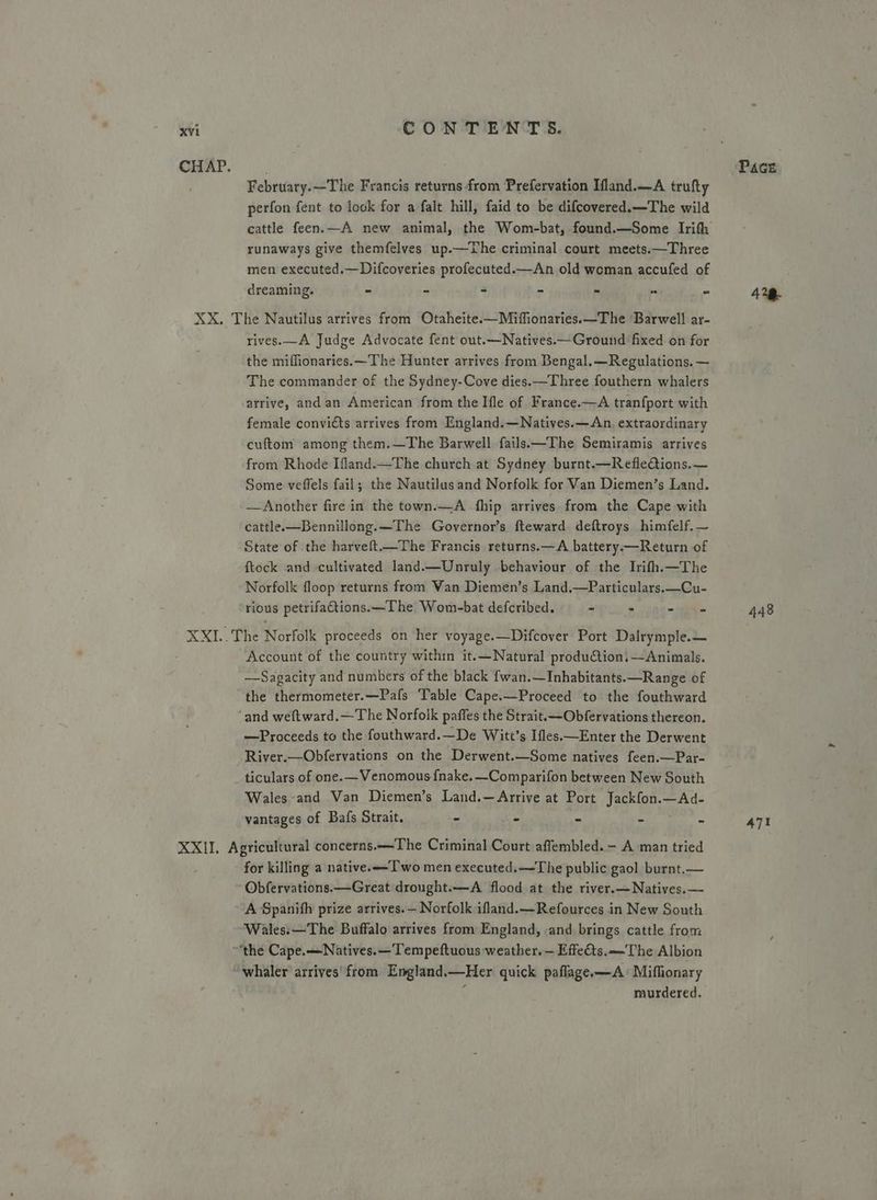 February.—The Francis returns from Prefervation Ifland.—A trufty perfon fent to look for afalt hill, faid to be difcovered.—The wild cattle feen.—A new animal, the Wom-bat, found.—Some Irith runaways give themfelves up.—The criminal court meets.—Three men executed.—Difcoveries profecuted.—An old woman accufed of dreaming. - - - - - “ - rives.—A Judge Advocate fent out.—Natives.— Ground fixed on for the mifionaries.—The Hunter arrives from Bengal.—Regulations. — The commander of the Sydney-Cove dies.—Three fouthern whalers arrive, and an American from the Ifle of France.—A tranfport with female convicts arrives from England.—Natives.—An, extraordinary cuftom among them.—The Barwell fails.—The Semiramis arrives from Rhode Ifland.—The church at Sydney burnt.—RefleQions.— Some veffels fail; the Nautilus and Norfolk for Van Diemen’s Land. —Another fire in the town.—A fhip arrives from the Cape with cattle.x—Bennillong.—The Governor’s fteward deftroys himfelf.~ State of the harveft.—The Francis returns.—A battery.—Return of ftock and cultivated land.—Unruly behaviour of the Irifh.—The Norfolk floop returns from Wan Diemen’s Land.—Particulars.—Cu- rious petrifactions.—The Wom-bat defcribed. - - «Ae Account of the country within it.—Natural production, —Animals. —Sagacity and numbers of the black {wan.—Inhabitants.—Range of the thermometer.—Pafs Table Cape.—Proceed to the fouthward and weftward.— The Norfolk paffes the Strait. —Obfervations thereon. —Proceeds to the fouthward.—De Witt’s Ifles.—Enter the Derwent River.—Obfervations on the Derwent.—Some natives feen.—Par- ticulars of one. —Venomous {nake. —Comparifon between New South Wales-and Van Diemen’s Land.—Arrive at Port Jackfon. Eo vantages of Bafs Strait, - f : bs S for killing a native.<-Two men executed.—The public gaol burnt.— Obfervations.—Great drought.—A flood at the river.—Natives.— A Spanith prize arrives. — Norfolk ifland.—Refources in New South Wales:—The Buffalo arrives from England, and brings cattle from murdered. Pace 478. 448 47t