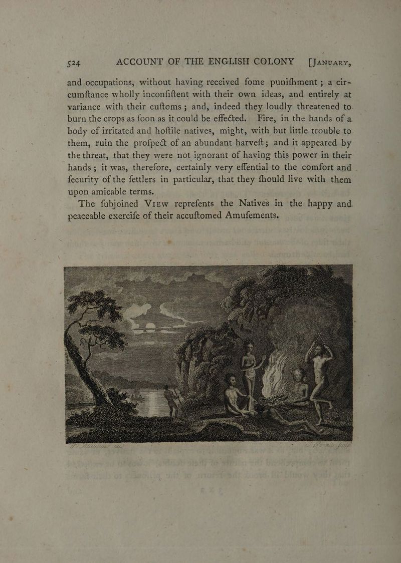 and occupations, without having received fome punifhment ; a cir- cumftance wholly inconfiftent with their own ideas, and entirely at variance with their cuftoms; and, indeed they loudly threatened to. burn the crops as foon as it could be effected. Fire, in the hands of a body of irritated and hoftile natives, might, with but little trouble to them, ruin the profpe&amp; of an abundant harvelt; and it appeared by the threat, that they were not ignorant of having this power in their hands ; it was, therefore, certainly very effential to the comfort and - fecurity of the fettlers in particular, that they fhould live with them upon amicable terms. The fubjoined View reprefents the Natives in the happy and peaceable exercife of their accuftomed Amufements.