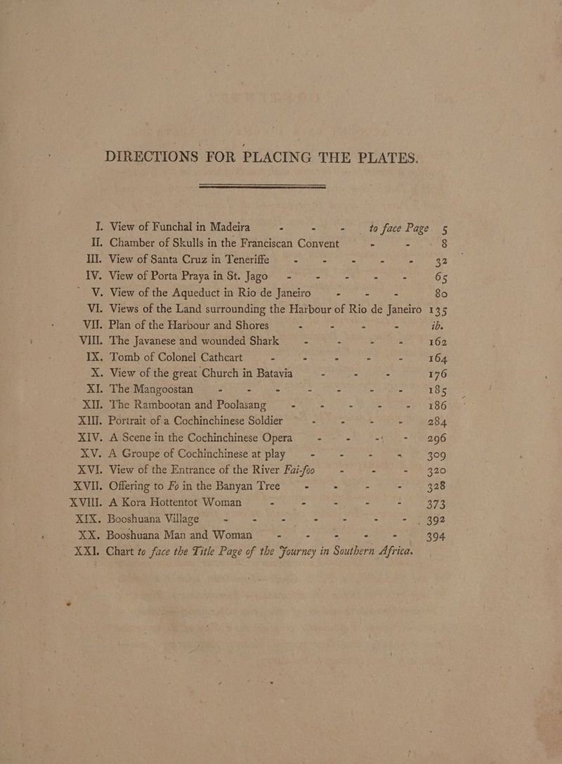 DIRECTIONS FOR PLACING THE PLATES. Il. Chamber of Skulls in the Franciscan Convent - - Ii. View of Santa Cruzin Teneriffe = - 9 - = - . IV. View of Porta Praya in St. Jago - - i = 2 V. View of the Aqueduct in Rio de Janeiro - - - § 32 65 80 VII. Plan of the Harbour and Shores — - - “ - VIII. The Javanese and wounded Shark . - a ee YX. Tomb of Colonel Cathcart - atu. : - X. View of the great Church in Batavia > - - Rie The Mammen ee ee oS PES XII. The Rambootan and Poolasang Vion t a . XI. Portrait of a Cochinchinese Soldier = - - - XIV. A Scene in the Cochinchinese Opera - - =U M XV. A Groupe of Cochinchinese at play - - - - XVI. View of the Entrance of the River Fai-foo : - - XVII. Offering to Fointhe Banyan Tree -~— - - - XVI. A Kora Hottentot Woman a _ if XIX. Booshuana Village & <i a . ‘i z s XX. Booshuana Man and Woman = - -! - pe XXI. Chart to face the Title Page of the Yourney in Southern Africa. ib. 162 164 176 185 186 284 296 ale 320 328 373 394