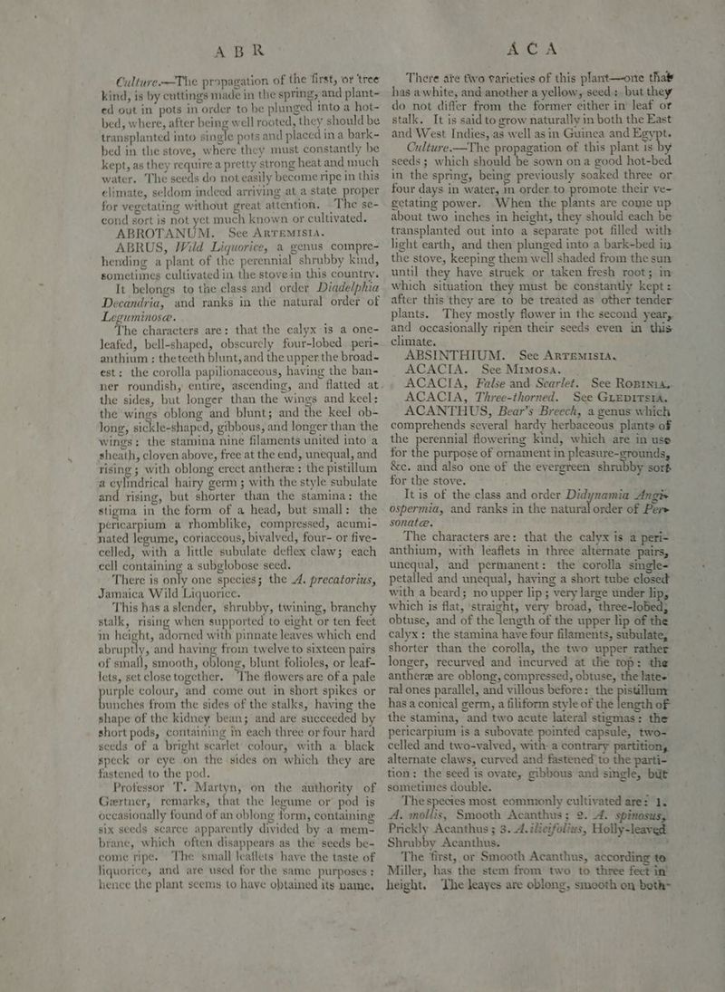 Culture-—The propagation of the first, or ‘tree kind, is by cuttings made in the spring, and plant- ed out in pots in order to be plunged into a hot- bed, where, after being well rooted, they should be transplanted into Pi pots and placed in a bark- bed in the stove, where they must constantly be kept, as they require a pretty strong heat and much water. ‘The seeds do not easily become ripe in this climate, seldom indeed arriving at a state proper for vegetating without great attention. -The se- cond sort is not yet much known or cultivated. ABROTANUM. See ARTEMISIA. ABRUS, Wild Liquorice, a genus compre- hending a plant of the perennial shrubby kind, sometimes cultivated in the stovein this country, It belongs to the class and order Diadelphia Decandria, and ranks in the natural order of Leguminose. “he characters are: that the calyx is a one- Jeafed, bell-shaped, obscurely four-lobed_ peri- anthium : theteeth blunt, and the upper the broad- est: the corolla papilionaceous, having the ban- the sides, but longer than the wings and keel: the wings oblong and blunt; and the keel ob- long, sickle-shaped, gibbous, and longer than the wings: the stamina nine filaments united into a sheath, cloyen above, free at the end, unequal, and rising ; with oblong erect antheree : the pistillum a cylindrical hairy germ ; with the style subulate ser rising, but shorter than the stamina: the stigma in the form of a head, but small: the pericarpium a rhomblike, compressed, acumi- nated legume, coriaceous, bivalved, four- or five- celled, with a little subulate deflex claw; each cell containing a subglobose seed. There is sah one species; the A. precatorius, Jamaica Wild Liquorice. This has a slealies. shrubby, twining, branchy stalk, rising when supported to eight or ten feet in height, adorned with pinnate leaves which end Satie, and having froin twelve to sixteen pairs of small, smooth, oblong, blunt folioles, or leaf. lets, set close together. ‘The flowers are of a pale ymurple colour, and come out in short spikes or baehibg from the sides of the stalks, having the shape of the kidney bean; and are succeeded by short pods, containing m each three or four hard seeds of a bright scarlet colour, with a black speck or eye on the sides on which they are fastened to the pod. Professor T. Martyn, on the authority of Geertner, remarks, that the legume or pod is occasionally found of an oblong form, containing six seeds scarce apparently divided by a mem- brane, which often disappears as the seeds be- come ripe. The small leaflets have the taste of liquorice, and are used for the same purposes: hence the plant seems to have obtained its name, There ate fo varieties of this plant—orte that has a white, and another a yellow, seed; but they do not differ from the former either in leaf or stalk. It is said to grow naturally in both the East and West Indies, .as well as in Guinea and Egypt. Culture.—The propagation of this plant is by seeds ; which should be sown ona good hot-bed in the spring, being previously soaked three or four days in water, m order to promote their ve- getating power. When the plants are come up about two inches in height, they should each be transplanted out into a separate pot filled with light earth, and then plunged into a bark-bed in the stove, keeping them well shaded from the sun until they have struek or taken fresh root; in which situation they must be constantly kept: after this they are to be treated as other tender plants. They mostly flower in the second year, and occasionally ripen their seeds even in this climate. ABSINTHIUM. See ARTEMISIA,. ACACTA. See Mimosa. ACACIA, False and Scarlet. See Roprnia, ACACIA, Three-thorned. See GLEDITSIA. ACANTHUS, Bear’s Breech, a genus which comprehends several hardy herbaceous plants of the perennial flowering kind, which are in use for the purpose of ornament in pleasure-grounds, &c. and also one of the evergreen shrubby sort for the stove. It is of the class and order Didynamia Angi ospermia, and ranks in the natural order of Per sonate. The characters are: that the calyx is a peri- anthium, with leaflets in three alternate pairs, unequal, and permanent: the corolla smgle- petalled and unequal, having a short tube closed with a beard; no upper lip; very large under lip, which is flat, ‘straight, very broad, three-loBeds obtuse, and of the length of the upper lip of the calyx: the stamina have four filaments, subulate, shorter than the corolla, the two upper rather longer, recurved and incurved at the top: the anthers are oblong, compressed, obtuse, the late- ral ones parallel, and villous before: the pistillunr has a conical germ, a filiform style of the length oF the stamina, and two acute lateral stigmas: the pericarpium is a subovate pointed capsule, two- celled and two-valved, with: a contrary partition, alternate claws, curved and fastened to the parti- tion: the seed is ovate, gibbous and single, but sometimes double. The species most eommonly cultivated are: 1. A. mollis, Smooth Acanthus; 2. 4. spinosus, Prickly Acanthus ; 3.4. iletfolivs, Holly-leaved Shrubby Acanthus. ae The ‘first, or Smooth Acanthus, according te Miller, has the stem from’ two to three feet in’ - height. ‘The leayes are oblong, smooth on beth-