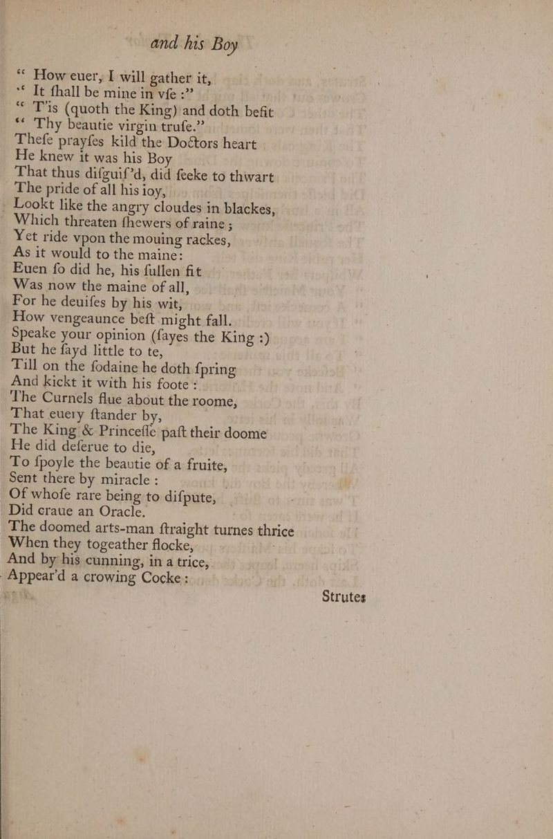 “ How euer, I will gather it, ‘© It fhall be mine in vfe :” “ Tis (quoth the King) and doth befit ** Thy beautie virgin trufe.” Thefe prayfes kild the Doétors heart He knew it was his Bo That thus difguif’d, did feeke to thwart The pride of all his ioy, _ Lookt like the angry cloudes in blackes, _ Which threaten fhewers of raine 3 Yet ride vpon the mouing rackes, As it would to the maine: Euen fo did he, his fullen fit Was now the maine of all, For he deuifes by his wit, How vengeaunce beft might fall. Speake your opinion (fayes the King :) But he fayd little to te, Tull on the fodaine he doth {pring And kickt it with his foote < The Curnels flue about the roome, That euery ftander by, The King & Princefle paft their doome He did deferue to die, To {poyle the beautie of a fruite, Sent there by miracle : Of whofe rare being to difpute, Did craue an Oracle. When they togeather flocke, And by his cunning, in a trice, -Appear’d a crowing Cocke :