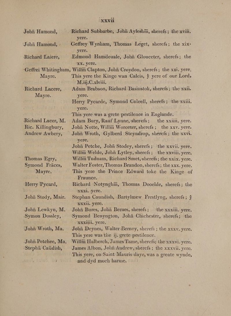 John Hamond, John Hamond, » Richard Laiere, XXYii Richard Subbarbe, John Ayleshm, sherefs:; the xviii. - yere. Geffrey Wynham, Thomas Leget, sherefs; the xix> yere. Edmond Hamdeuale, John Glouceter, sherefs; the ‘XK. yere. Mayre. Richard Lacere, Mayre. Ric. Killingbury, Andrew Awbery, ' Thomas Eery, Symond Fraces, Mayre. Herry Pycard, Symon Dossley, John Wroth, Ma. Stepha Caudish, This yere the Kinge wan Caleis, ¥ yere of our Lord, M.iij.C.xlviii. Adam Brabson, Richard Basinstok, sherefs ; the xxi. yere. Herry Pycarde, Symond Colcell, sherefs; the xxii. yere. This yere was a grete pestilence in Englande. Adam Bury, Rauf Lynne, :sherefs ; John Notte, Willm Worceter, sherefs ; the xxiill. yere. the xxv. yere. yere. Joha Petche, John Stodey, sherefs; the xxvii. yere. Willm Welde, John Lytley, sherefs ; . the xxviii. yere. Willm Tudnam, Richard Smet, sherefs ; the xxix. yere. Walter Foster, ' Thomas Brandon, sherefs; the xxx. yere. This yere the Prince Edward toke the Kinge of Fraunce. Richard ‘Notynghm, Thomas Dooelde, sherefs; the XXKXL. “yere. Stephan Caundish, Bartylmew Frestlyng, sherefs; § XXXIl. yere. John Bures, John Bemes, sherefs; . the xxxili. yere. Symond Benyngton, Joh Chichester, sherefs; the ‘XXXIIl1, yere, . Jolm Deynes, Walter Berney, sherefs ; the xxxv. yere. This yere was the ij. grete ‘pestilence. Willm Halberch, James Tame, sherefs; the xxxvi. yere. James Albon, John Andrew, sherefs ; the xxxvii. yere. This yere; on Saint Mauris:daye, was a greate wynde, and dyd moch harme.