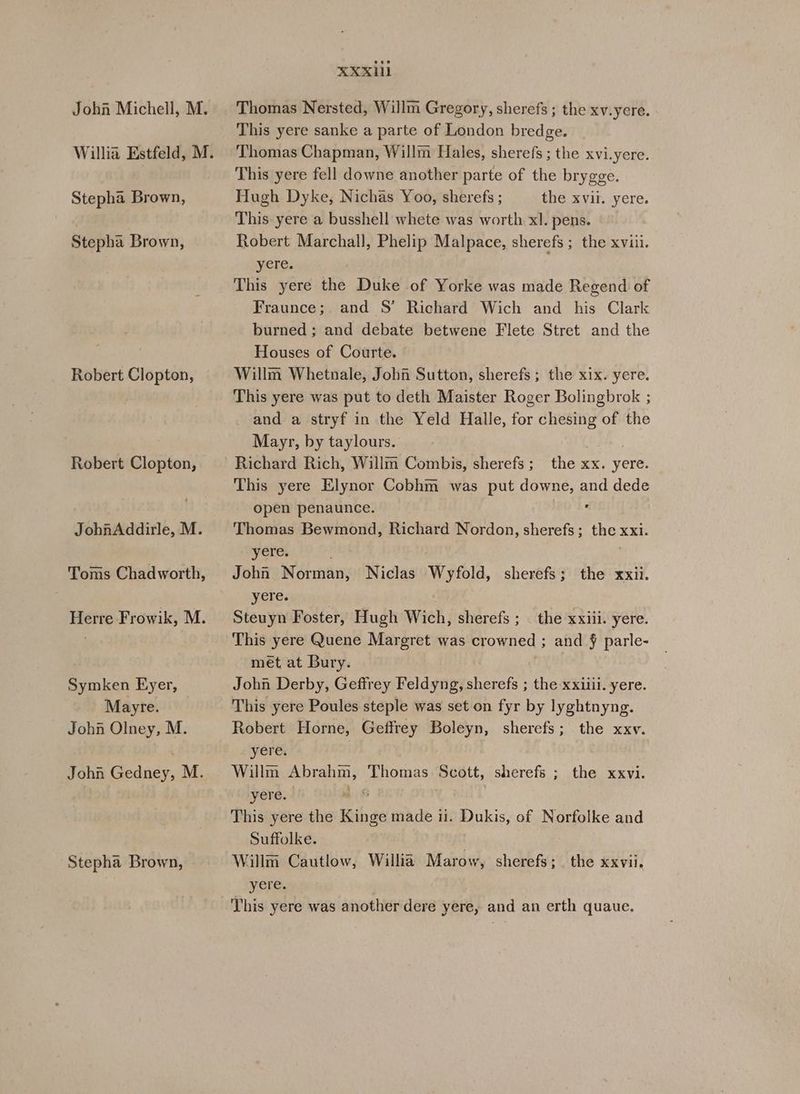 Joha Michell, M. Stepha Brown, Stepha Brown, Robert Clopton, Robert Clopton, JohnAddirle, M. Toms Chadworth, Herre Frowik, M. Symken Eyer, Mayre. John Olney, M. John Gedney, M. Stepha Brown, XXX Thomas Nersted, Willm Gregory, sherefs ; the xv.yere. This yere sanke a parte of London bredge. Thomas Chapman, Willm Hales, sherefs ; the xvi.yere. This yere fell downe another parte of the brygge. Hugh Dyke, Nichas Yoo, sherefs ; the xvil. yere. This: yere a busshell whete was worth xl. pens. Robert Marchall, Phelip Malpace, sherefs ; the xviii. yere. ! This yere the Duke of Yorke was made Regend of Fraunce;. and S’ Richard Wich and his Clark burned ; and debate betwene Flete Stret and the Houses of Courte. Willm Whetnale, Johi Sutton, sherefs ; the xix. yere. This yere was put to deth Maister Roger Bolingbrok ; and a stryf in the Yeld Halle, for chesing of the Mayr, by taylours. | Richard Rich, Willm Combis, sherefs; the xx. yere. This yere Elynor Cobhm was put downe, and dede open penaunce. Thomas Bewmond, Richard Nordon, sherefs; the xxi. yere. Joha Sat Niclas Wyfold, sherefs ; yere. Steuyn Foster, Hugh Wich, sherefs ; _ the xxiii. yere. This yere Quene Margret was crowned ; and § parle- mét at Bury. John Derby, Geffrey Feldyng, sherefs ; the xxiiii. yere. This yere Poules steple was set on fyr by lyghtnyng. Robert Horne, Geffrey Boleyn, sherefs; the xxv. yere. Willm sD TE Thomas Scott, sherefs ; the xxii. the xxvi. yere. This yere the Kinge made ii. Dukis, of Norfolke and Suffolke. Willm Cautlow, Willia Marow, sherefs ; yere. This yere was another dere yere, and an erth quaue. the xxvii.
