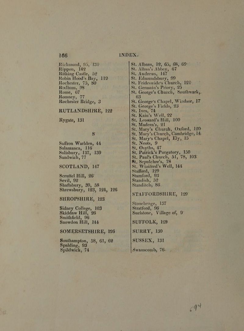 156 Richmond, 95, [Sb Rippon, 142 Rithing Castle, 52 Robin Hood's s Bay, 112 Rochester, 75, 80 Rodham, 98 Rome, 67 Romney, 77 Rochester Bridge, 3 RUTLANDSHERE, 122 Rygate, 131 Ss Saffron Warlden, 44 Salamanca, 116 Salisbury, 187, 139 Sandwich, 77 SCOTLAND, 147 Scruttel Hill, 26° Sevil, 92 Shafisbury, 39, 58 Shrewsbury, 193, 124, 126 SHROPSHIRE, 123. Sidney College, 103 Skiddaw Hill, 26 Smithfield, 96 Snowdon Hill, TA4 SOMERSETSHIRE, 126 Southampton, 58, 61, 62 Spalding, 93 Ss pildwick, TA St. Albans, 12, 65, 68, 69° St. Alban’s Abbey, 67 St. Andrews, 147 St. Edmundsbury, 99 St. Frideswide’s Church, 12t St. Germain’s Priory, 25 St. George’s Church, Southwark, 63 St. George’s Chapel, Windsor, 17 St. George’ s Fields, 23 St. Ives, 7A St. Kain’s Well, 22 St. Leonard’s Hill, 100 St. Madern’s, 21 St. Mary’s Ghurch, Oxford, 120 St. Mary’s Church, ‘Cambridge, 14 St. Mary’s Chapel, Ely, 15 St. Neots, 9 St, Osyths, 47 St. Patrick’s Purgatory, 150 St. Paul’s Church, 51, 78, 103. St. Sepulchre’ s, 78 St, Winilred’s Well, 144 Stafford, 129 Stamford, 93 Standish, 52 Standitch, 86, STAFFORDSHIRE, 129 Stonehenge, 157 Stratford, 96 Suelstone, Village of, 9 SUFFOLK, 129 SURRY, 130 SUSSEX, 131 Swanscomh, 76. ca
