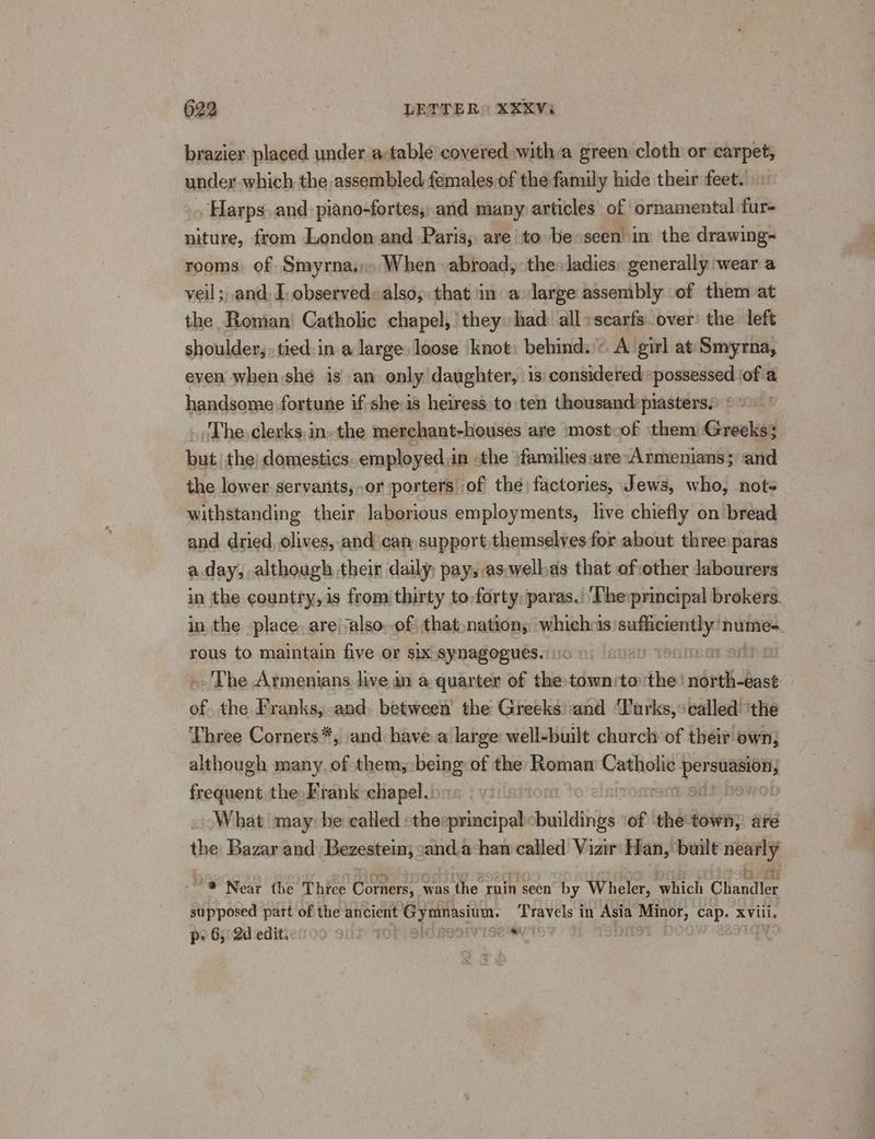 brazier placed under a-table covered witha green cloth or carpet, under which the assembled females of the family hide their feet. . Harps and piano-fortes,and many articles of ornamental fur- niture, from London and Paris, are to be seen in the drawing- rooms, of Smyrna... When: abroad, the» ladies: generally wear a veil; and. I observed: also, that in a large assembly of them at the Roman’ Catholic chapel, they had all» scarfs. over the left shoulder, tied in a large loose knot: behind.’ A girl at Smyrna, even when she is an only daughter, is considered : possessed of a handsome fortune if she is heiress to ten thousand:piasters.) « . The. clerks, in. the merehant-houses are mostcof them Greeks: but the domestics employed in the ifamilhes.are-Armenians; and the lower servants,-or porters of the factories, Jews, who, nots withstanding their laborious employments, live chiefly on bread and dried, olives,.and can support themselves for about three paras a day, although their daily; pay, as;wellas that of:other labourers in the country, is from thirty to forty, paras. 'The:principal brokers. in the place, are ‘also. of that,nation,; whichis pees numes. rous to maintain five or six synagogues. | -. The Armenians live an a quarter of thie town to thet snftell ose of the Franks, and, between’ the Greeks’ and ‘Lurks, called ‘the Three Corners*, and have a large well-built church of their own; although many. of them, being of the Roman ini ae frequent the Frank chapel.o 19 What may: be called «thexprincipal buildihhs of the-town; are the Bazar and Bezestein; :and.a‘han called Vizir Han, built — '* Near the Three Corners, | was the ruin seen by Wheler, which Chandler supposed part of the ancient wit ls mnasitm. Travels in Asia he en XVili. po Gigdeditienos sit 1s se 2 wy Dit :
