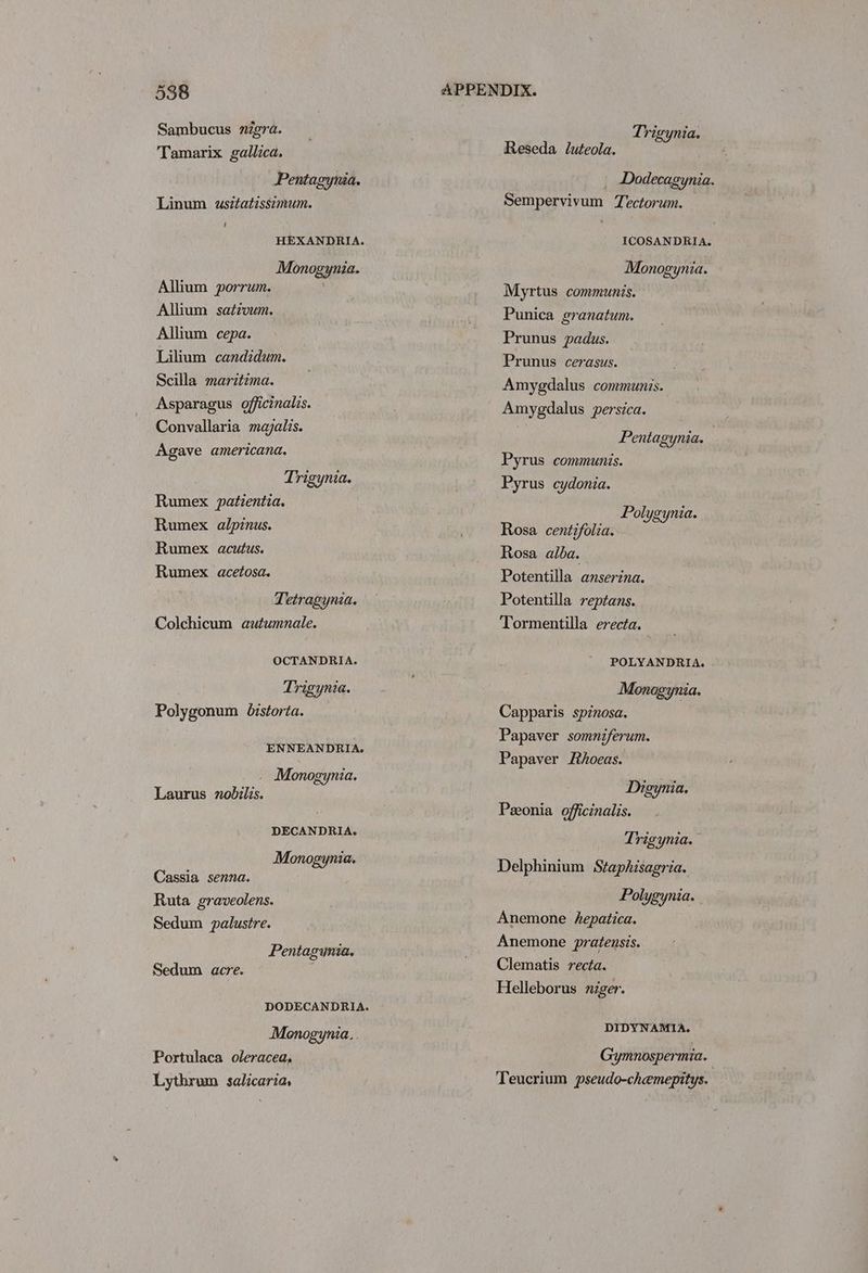 Sambucus nigra. Tamarix gallica, Pentagynia. Linum usitatissemum. i] HEXANDRIA. Monogynia. Allium porrum. Allium sativum. Allium cepa. Lilium candidum. Scilla maritima. Asparagus officinalis. Convallaria majalis. Agave americana. Trigynia. Rumex patientia. Rumex alpinus. Rumex acutus. Rumex acetosa. Tetragynia. Colchicum autumnale. OCTANDRIA. Trigynia. Polygonum bistorta. ENNEANDRIA. _ Monogynia. Laurus nobilis. DECANDRIA. Monogynia. Cassia senna. Ruta graveolens. Sedum palustre. Pentagynia, Sedum acre. Monogynia. Portulaca oleracea, Lythrum salicaria, Trigynia. Reseda luteola. ‘ Dodecagynia. Sempervivum Tectorum. ICOSANDEIA. Monogynia. Myrtus communis. Punica granatum. Prunus padus. Prunus cerasus. Amygdalus communis. Amygdalus persica. Pentagynia. Pyrus communis. Pyrus cydonia. Polygynia. Rosa centifolia. des Rosa alba. Potentilla anserina. Potentilla reptans. Tormentilla erecta. POLYANDRIA. Monogynia. Capparis spinosa, Papaver somniferum. Papaver Rhoeas. Digynia. Pzonia officinalis. Trigynia. Delphinium Staphisagria. Polygynia. Anemone hepatica. Anemone pratensis. Clematis recta. Helleborus niger. DIDYNAMIA. Gymnospermia. : Teucrium pseudo-chemepitys.