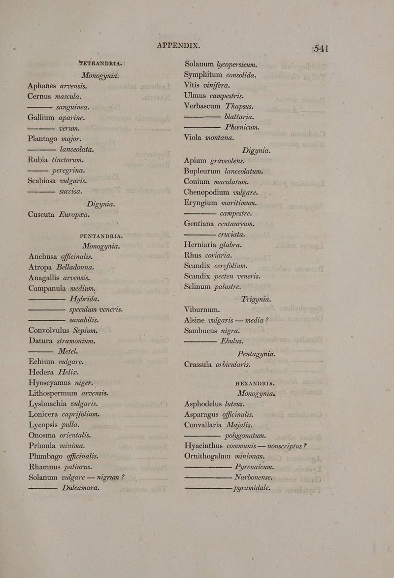 Monogynia. Aphanes arvensis. Cernus mascula. sanguinea. . Gallium aparine. od verum. Plantago major. lanceolata. Rubia ¢inctorum. peregrina. Scabiosa vulgaris. succisa. Digynia. Cuscuta Europea. PENTANDRIA. Monogymia. Anchusa officinalis. - Atropa Belladonna. Anagallis arvensis. Campanula medium, Fybrida. ————. speculum veneris. sanabilis. Convolvulus Sepium. Datura stramonium. Metel. Echium vulgare. Hedera Helix. Hyoscyamus niger. Lithospermum arvensis. Lysimachia vulgaris. Lonicera caprifolium. Lycopsis pulla. Onosma orientalis. Primula minima. Plumbago officinalis. Rhamnus palirus. Solanum vulgare — nigrum ? Dulcamara. Solanum lycopersicum. Symphitum consolida. Vitis vinifera. Ulmus campestris. Verbascum Thapsus, blattaria. Pheenicum. Viola montana. | Digynia. Apium graveolens. Bupleurum Janceolatum. Conium maculatum. Chenopodium vulgare. Eryngium maritimum. campestre. Gentiana centaureum. cruciata. Herniaria glabra. Rhus coriaria. Scandix cerefolium. Scandix pecten veneris. Selinum palustre. Trigynta. Viburnum. Alsine vulgaris — media ? Sambucus nigra. Ebulus. Pentagynia. Crassula orbicularis. HEXANDRIA. Asphodelus luteus. Asparagus officinalis. polygonatum. Ornithogalum mznimum. Pyrenaicum. Narbonense. See ee pyramidale.